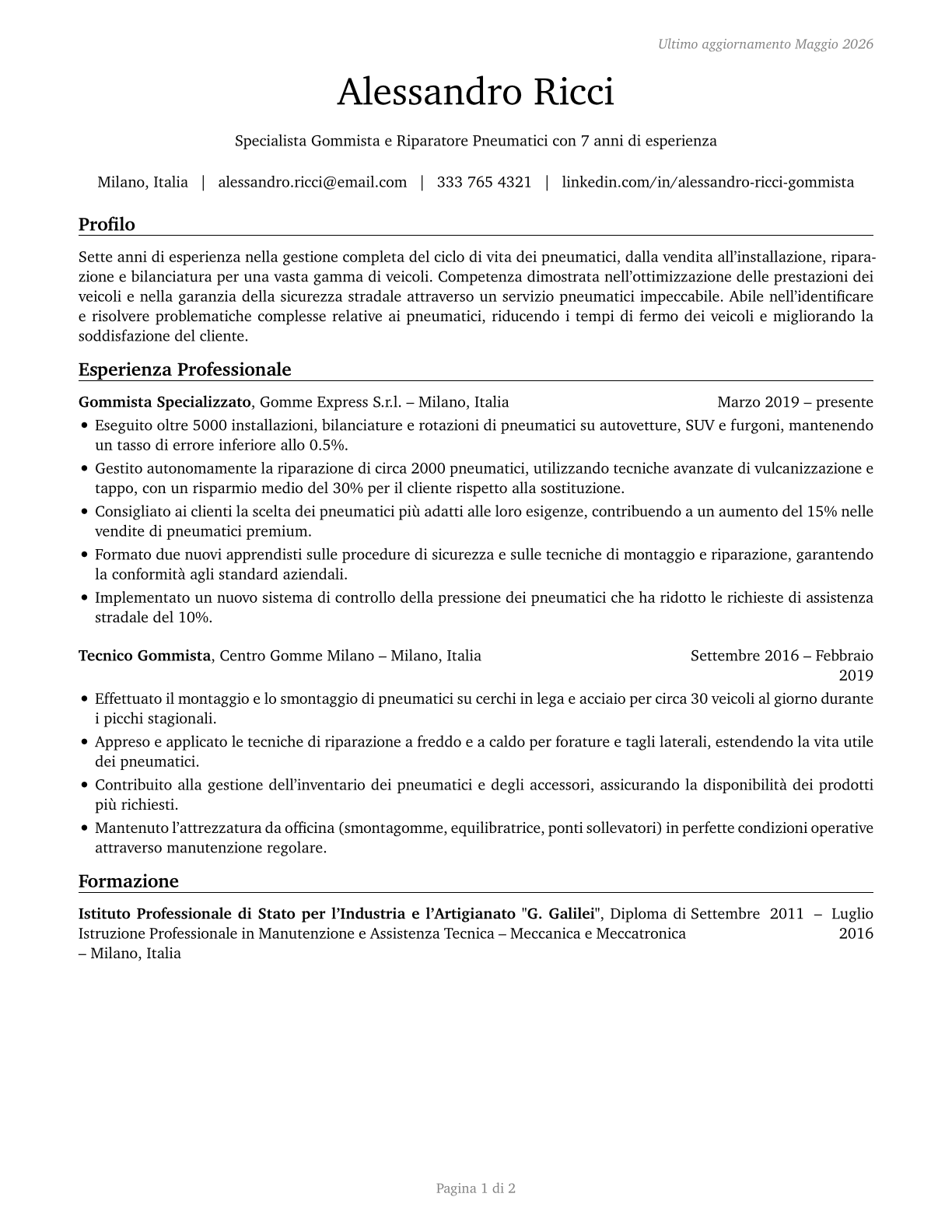 Tire Repairers and Changers CV in Italian — page 1