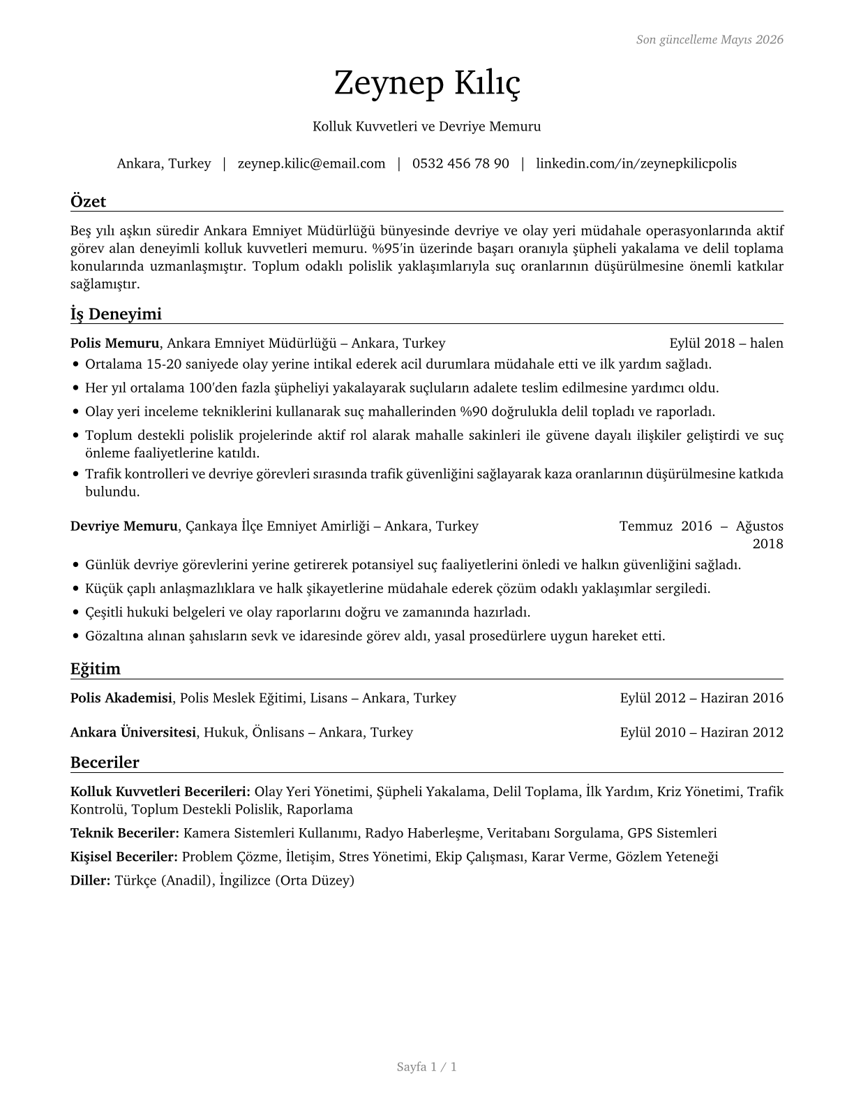 Police and Sheriff's Patrol Officers CV in Turkish — page 1