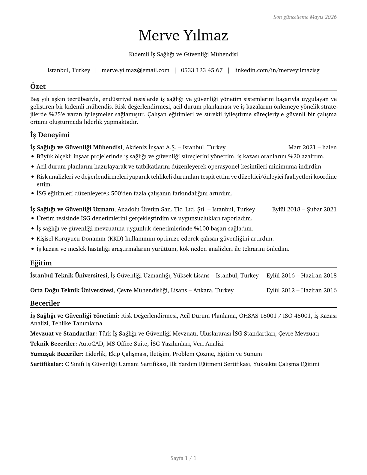 Health and Safety Engineers, Except Mining Safety Engineers and Inspectors CV in Turkish — page 1