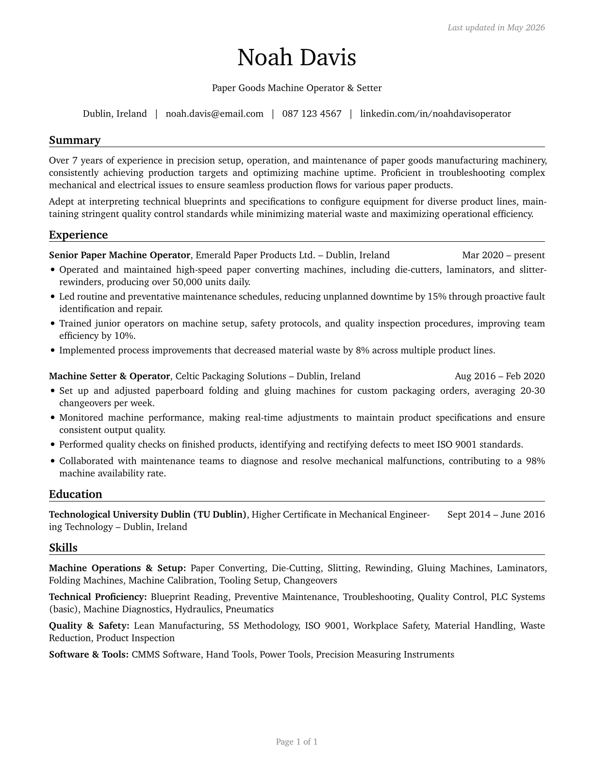 Paper Goods Machine Setters, Operators, and Tenders CV in English — page 1