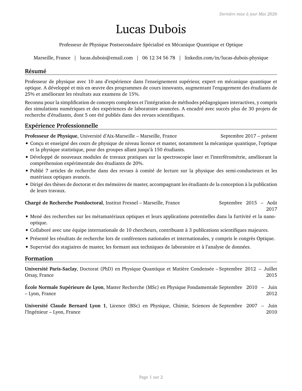 Physics Teachers, Postsecondary CV in French — page 1