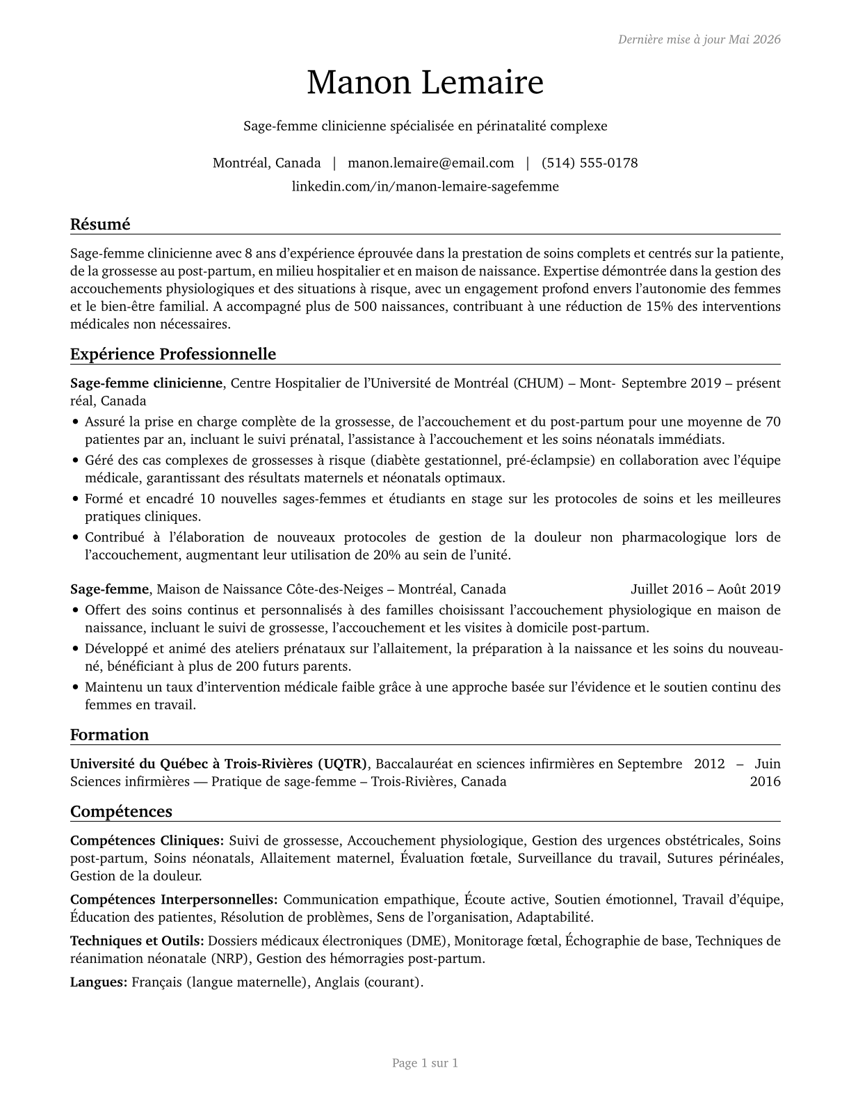 Midwives CV in French — page 1