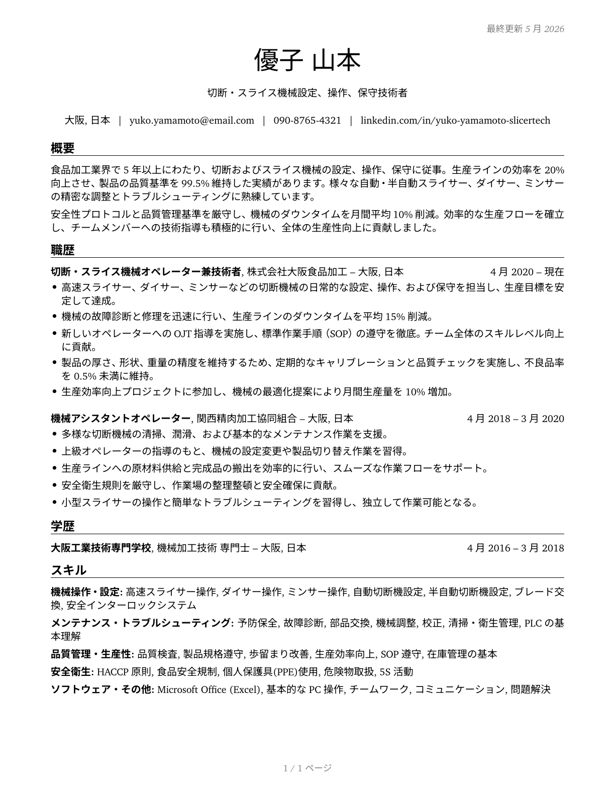 Cutting and Slicing Machine Setters, Operators, and Tenders CV in Japanese — page 1