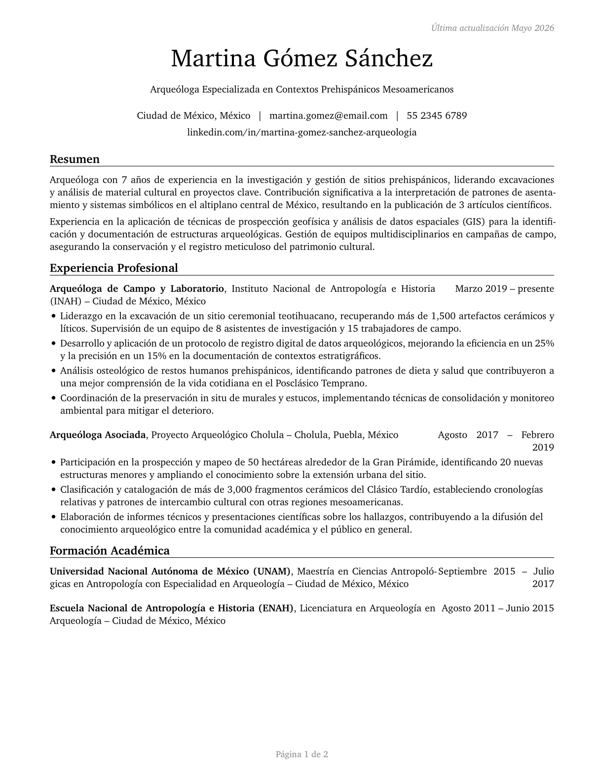 Anthropologists and Archeologists CV in Spanish — page 1