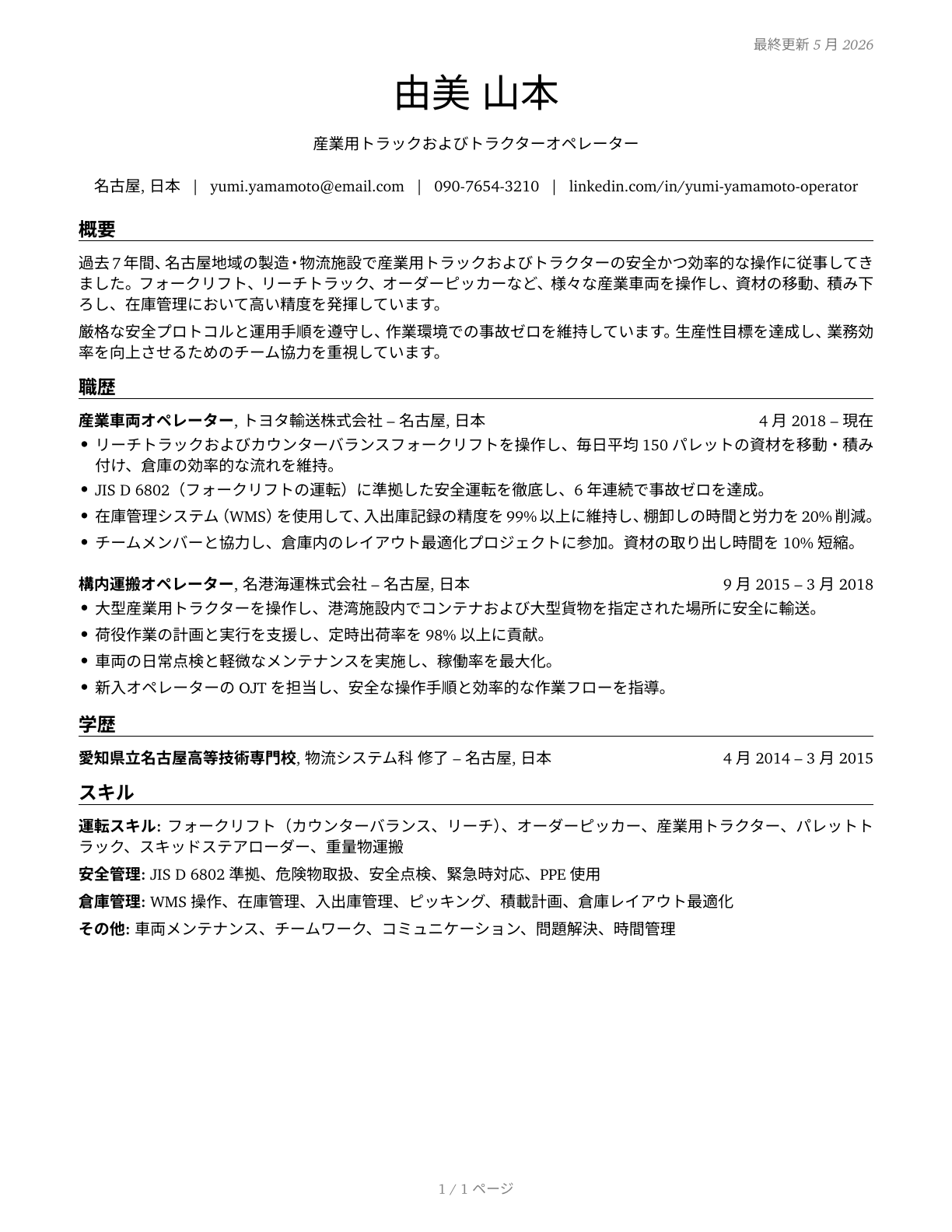 Industrial Truck and Tractor Operators CV in Japanese — page 1