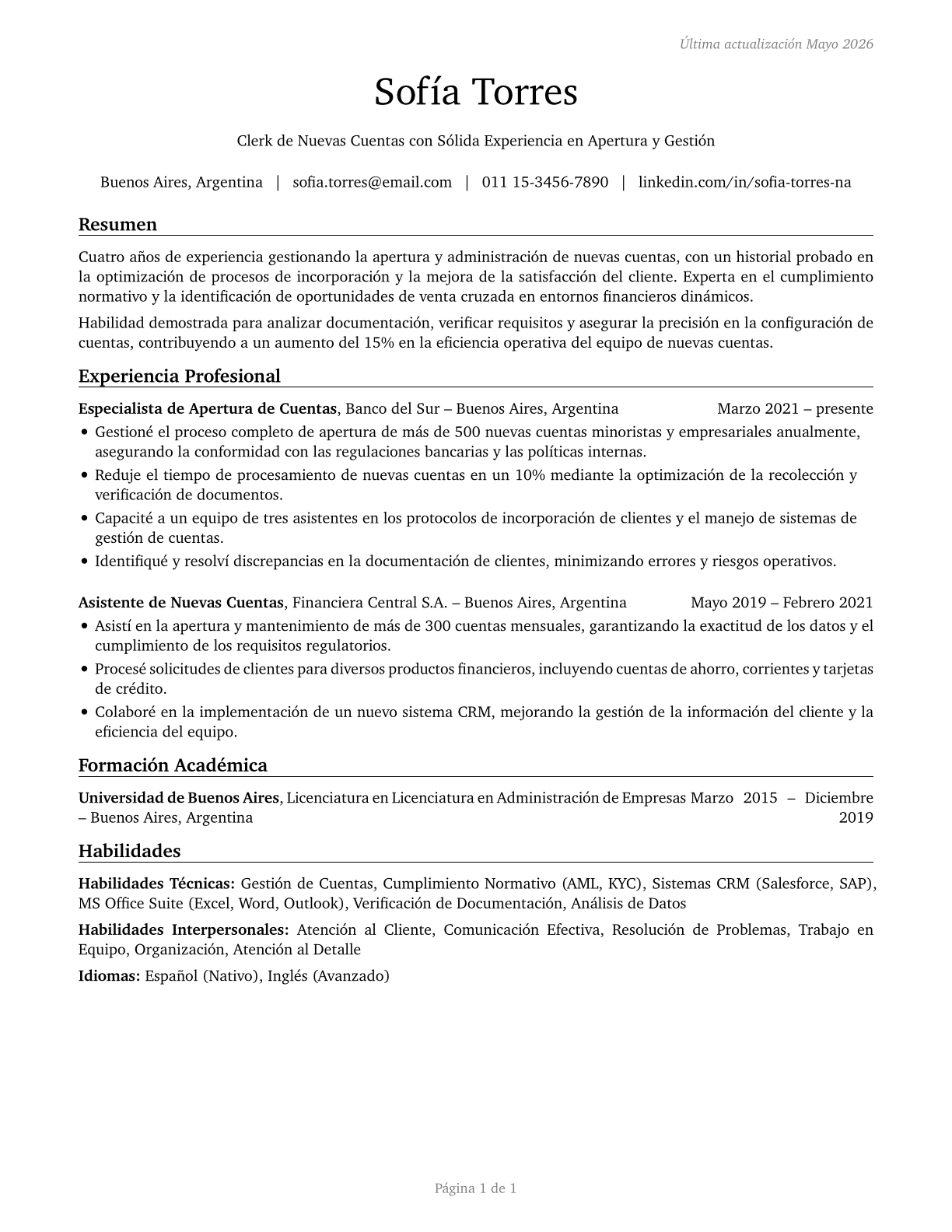 New Accounts Clerks CV in Spanish — page 1