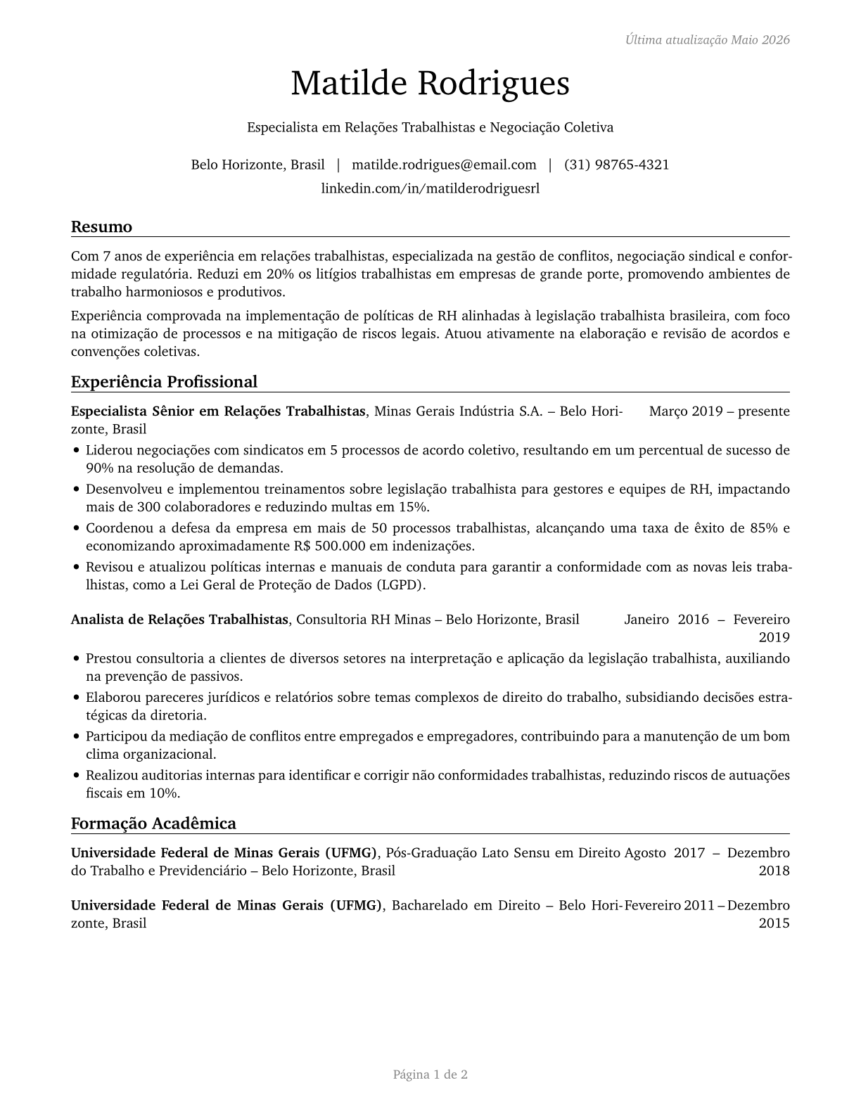 Labor Relations Specialists CV in Portuguese — page 1