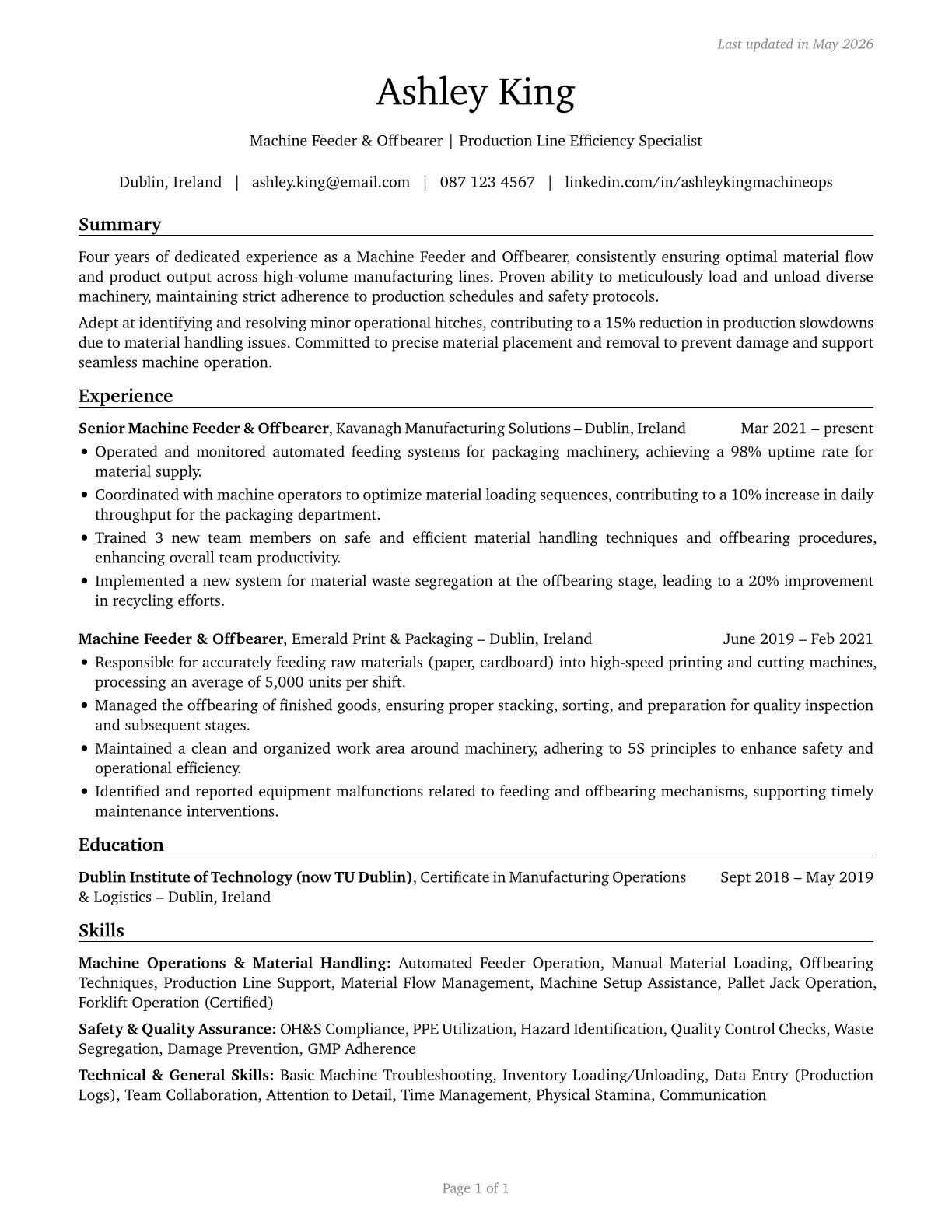 Machine Feeders and Offbearers CV in English — page 1