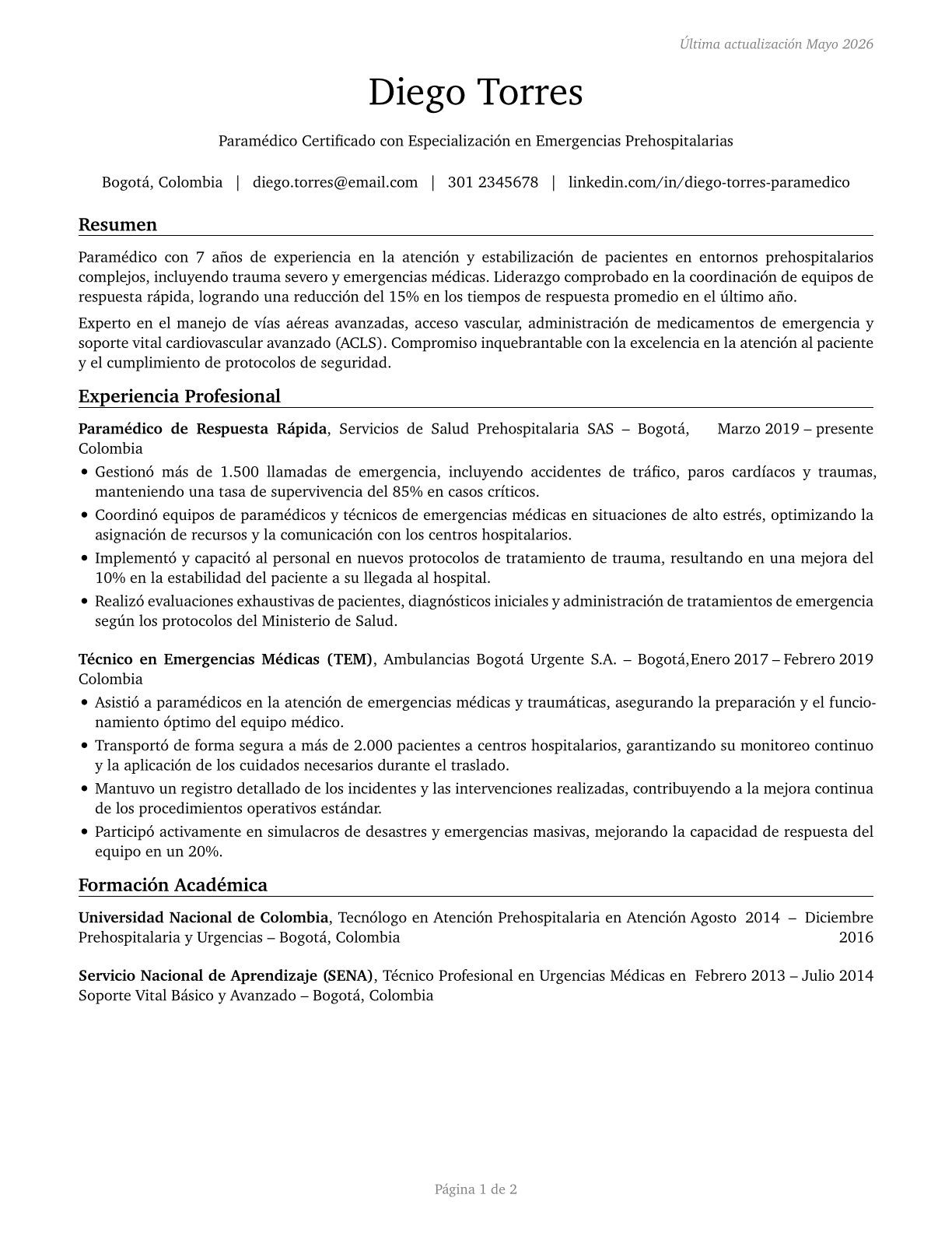 Paramedics CV in Spanish — page 1