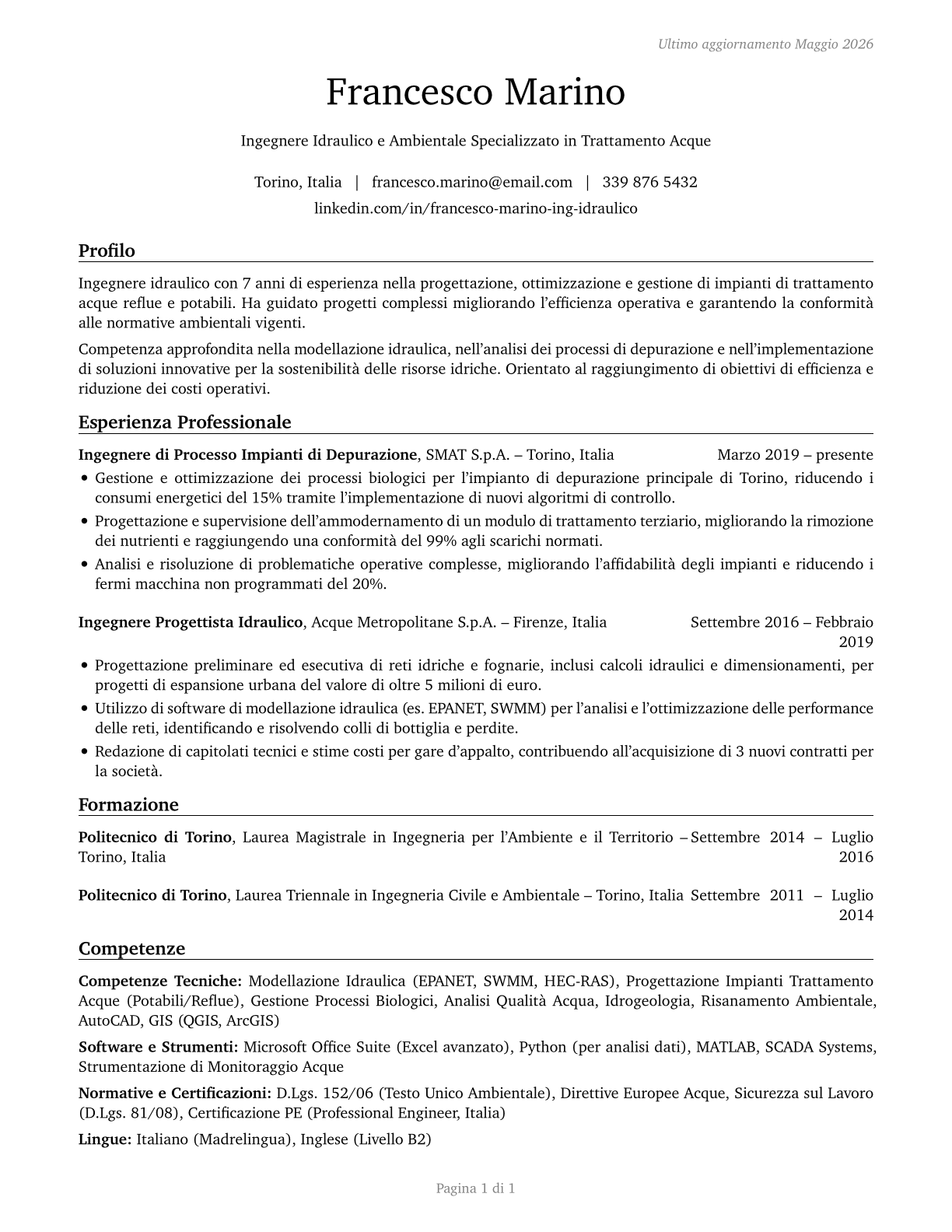 Water/Wastewater Engineers CV in Italian — page 1