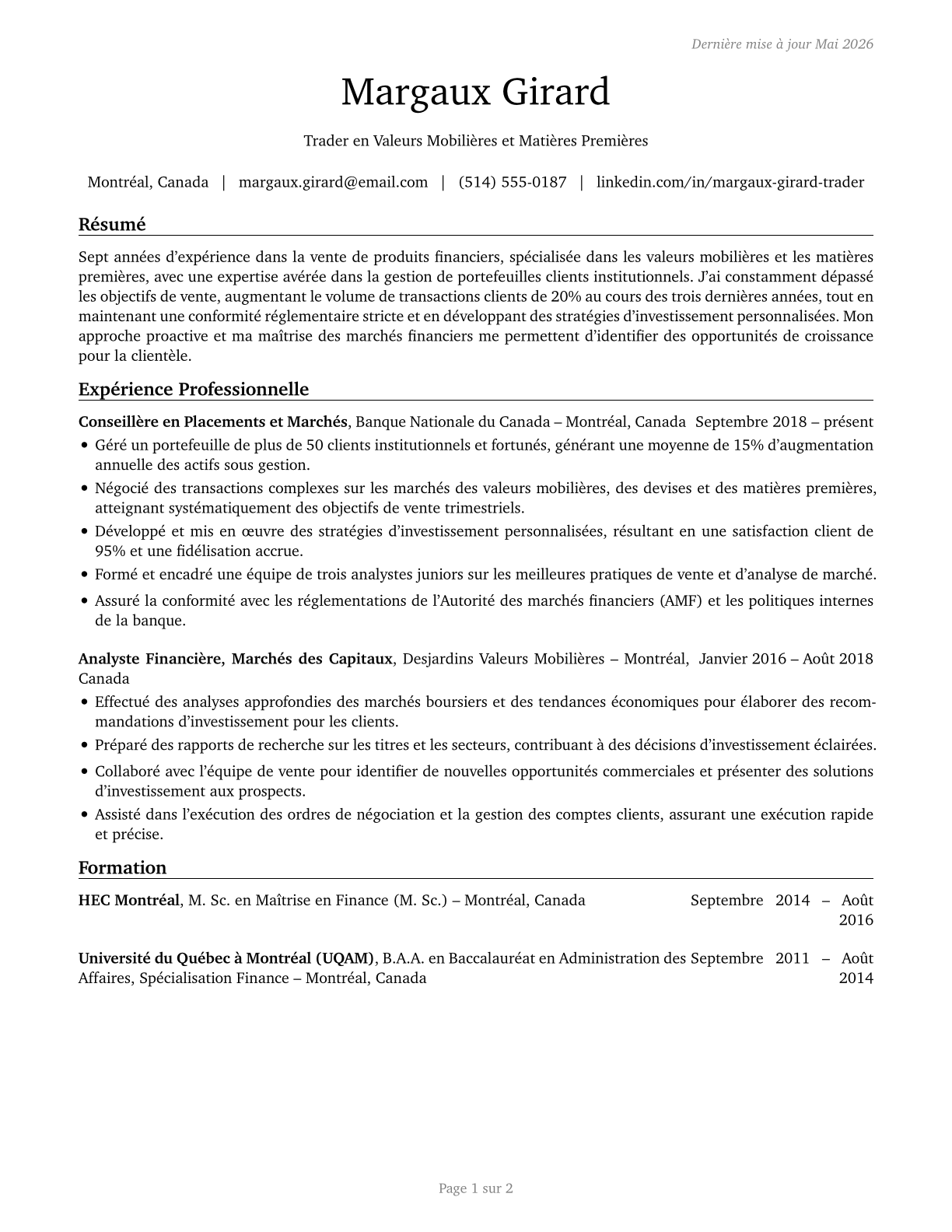 Securities, Commodities, and Financial Services Sales Agents CV in French — page 1