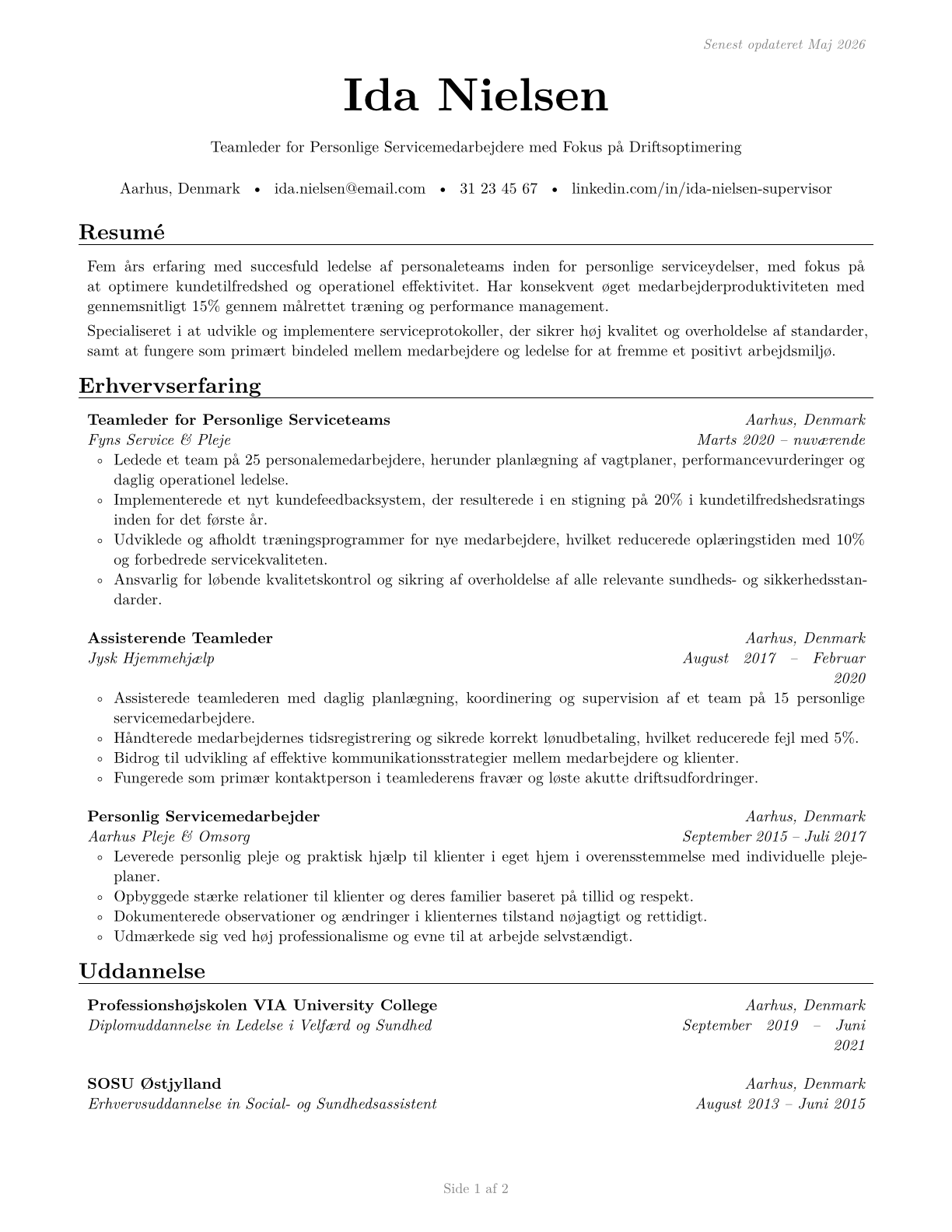 First-Line Supervisors of Personal Service Workers CV in Danish — page 1