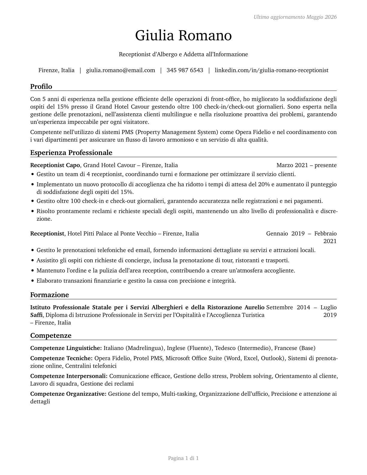 Receptionists and Information Clerks CV in Italian — page 1