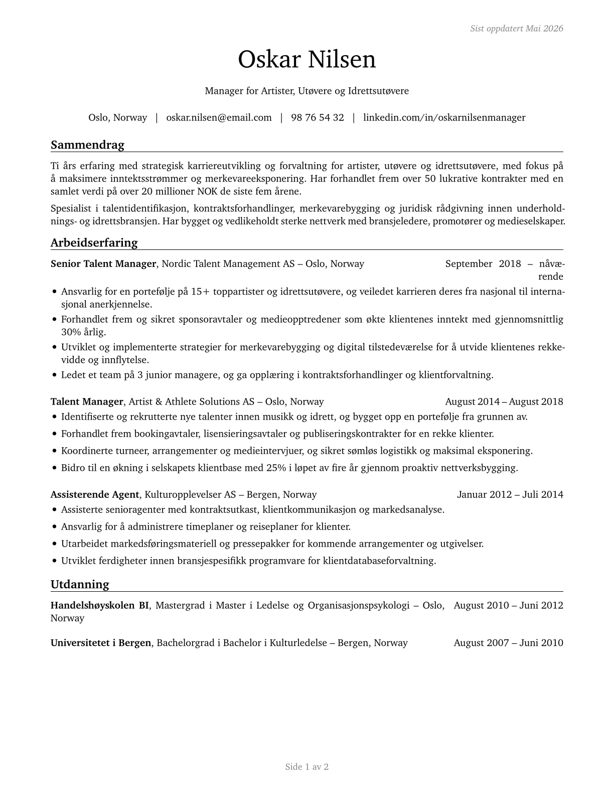 Agents and Business Managers of Artists, Performers, and Athletes CV in Norwegian_bokmal — page 1