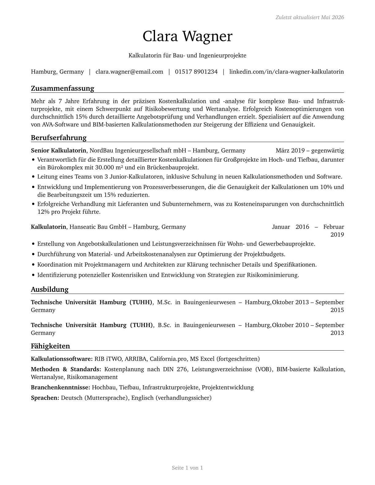 Cost Estimators CV in German — page 1