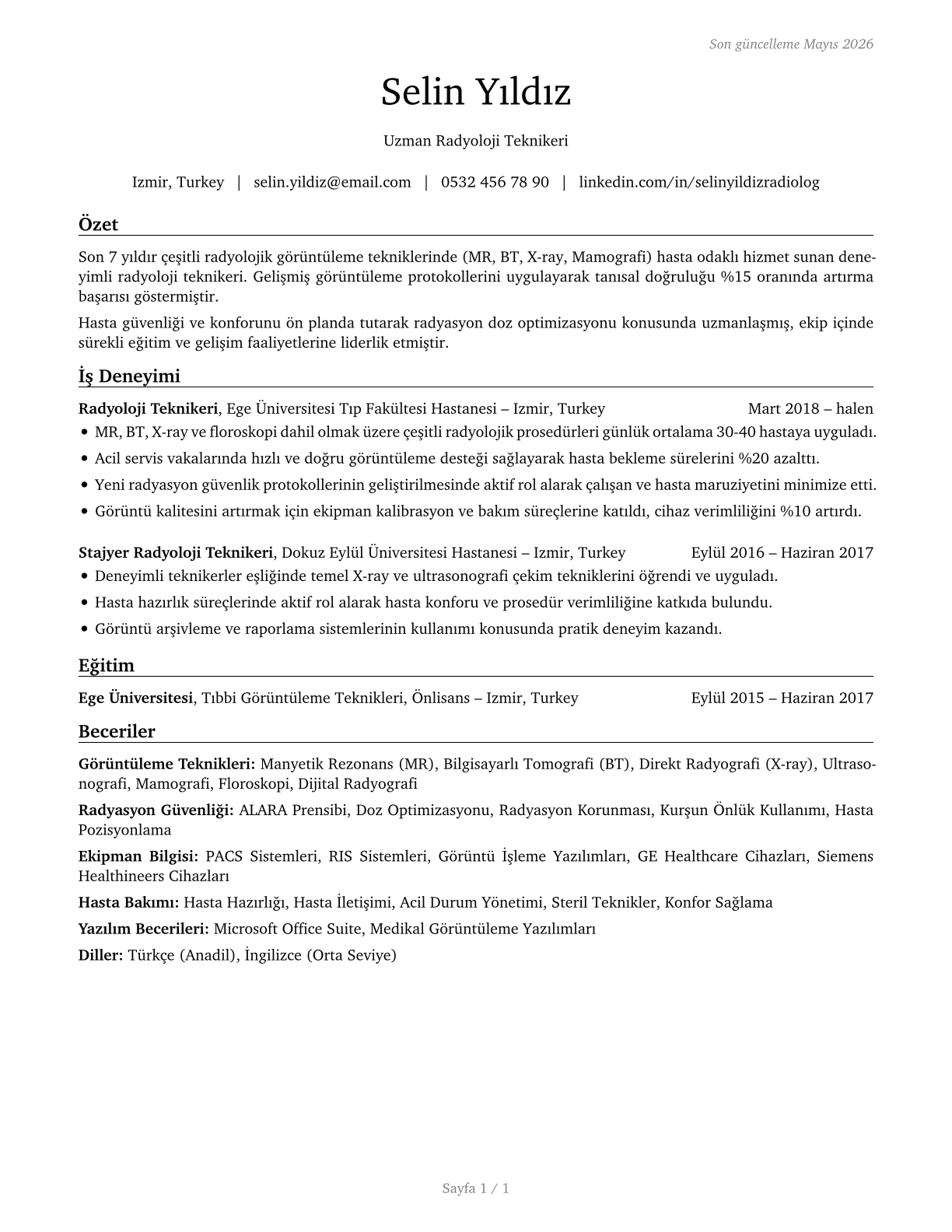 Radiologic Technologists and Technicians CV in Turkish — page 1