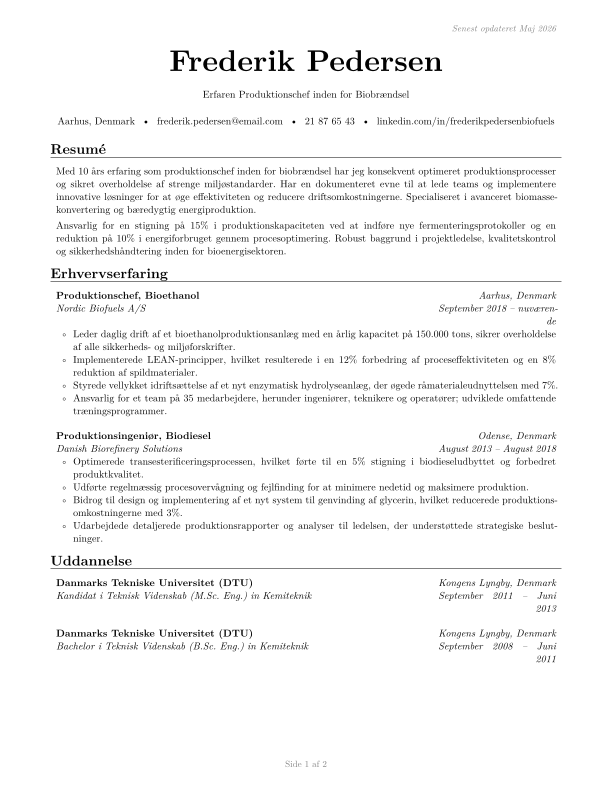 Biofuels Production Managers CV in Danish — page 1