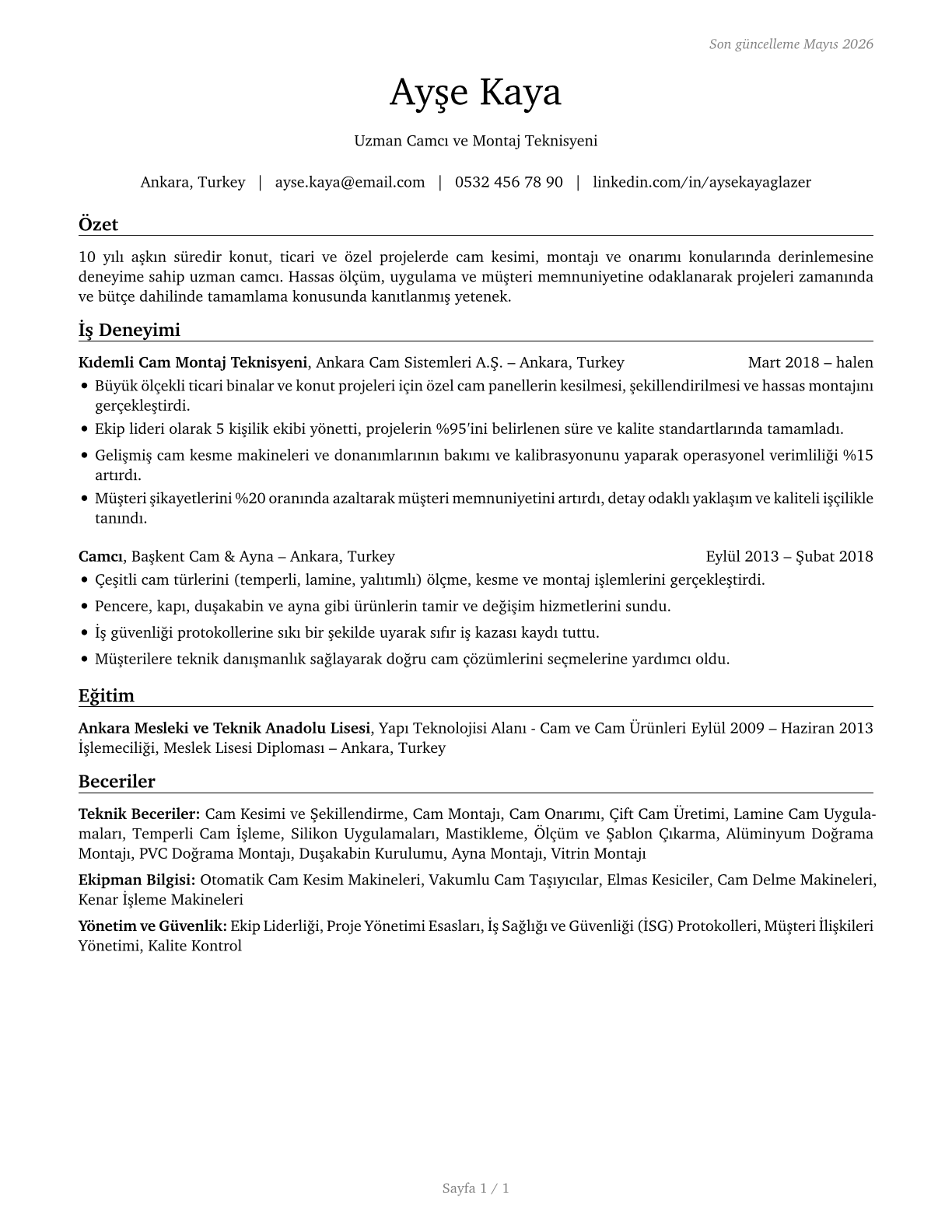 Glaziers CV in Turkish — page 1