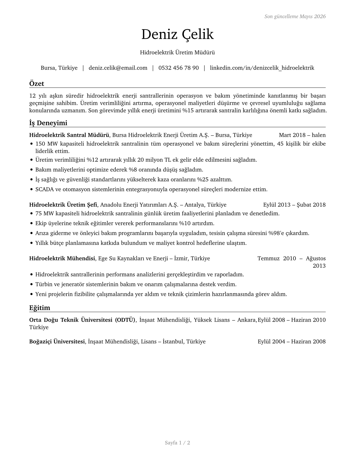 Hydroelectric Production Managers CV in Turkish — page 1