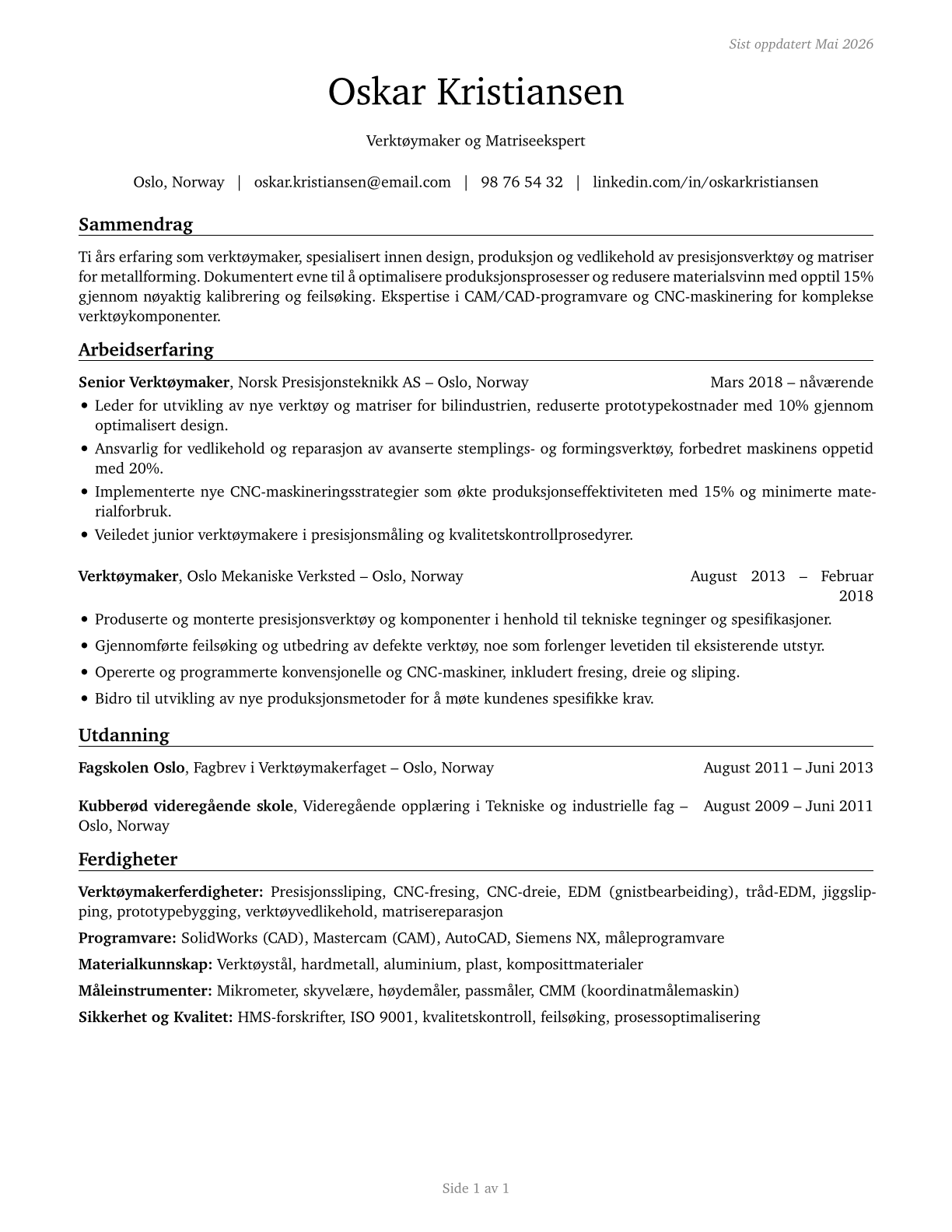 Tool and Die Makers CV in Norwegian_bokmal — page 1