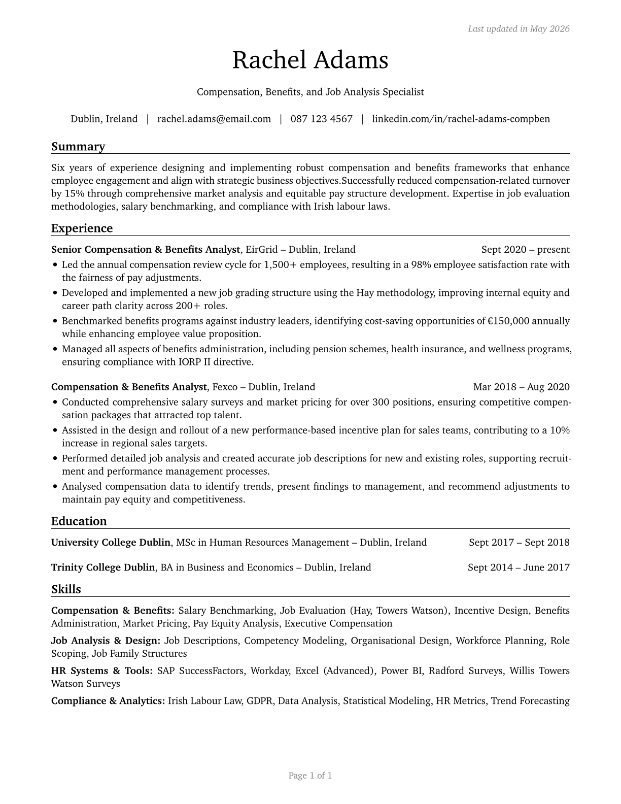 Compensation, Benefits, and Job Analysis Specialists CV in English — page 1