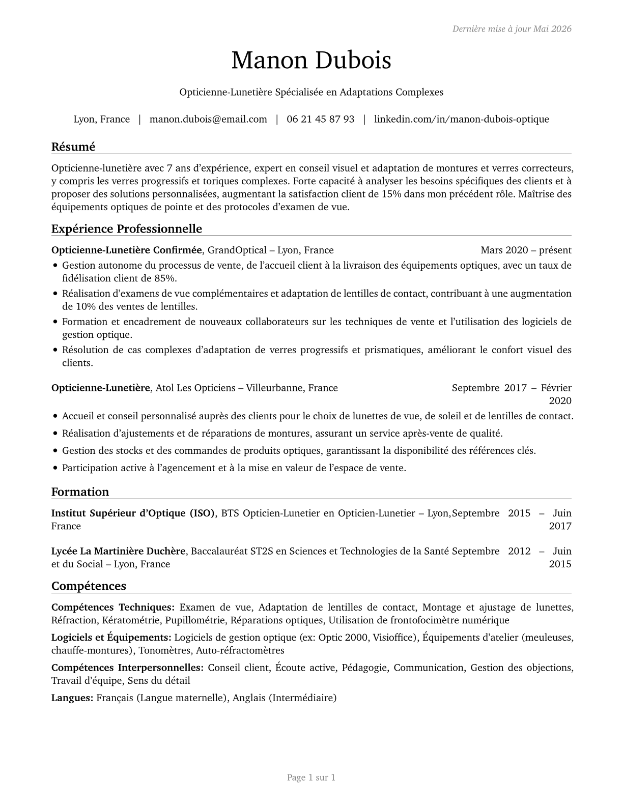 Opticians, Dispensing CV in French — page 1