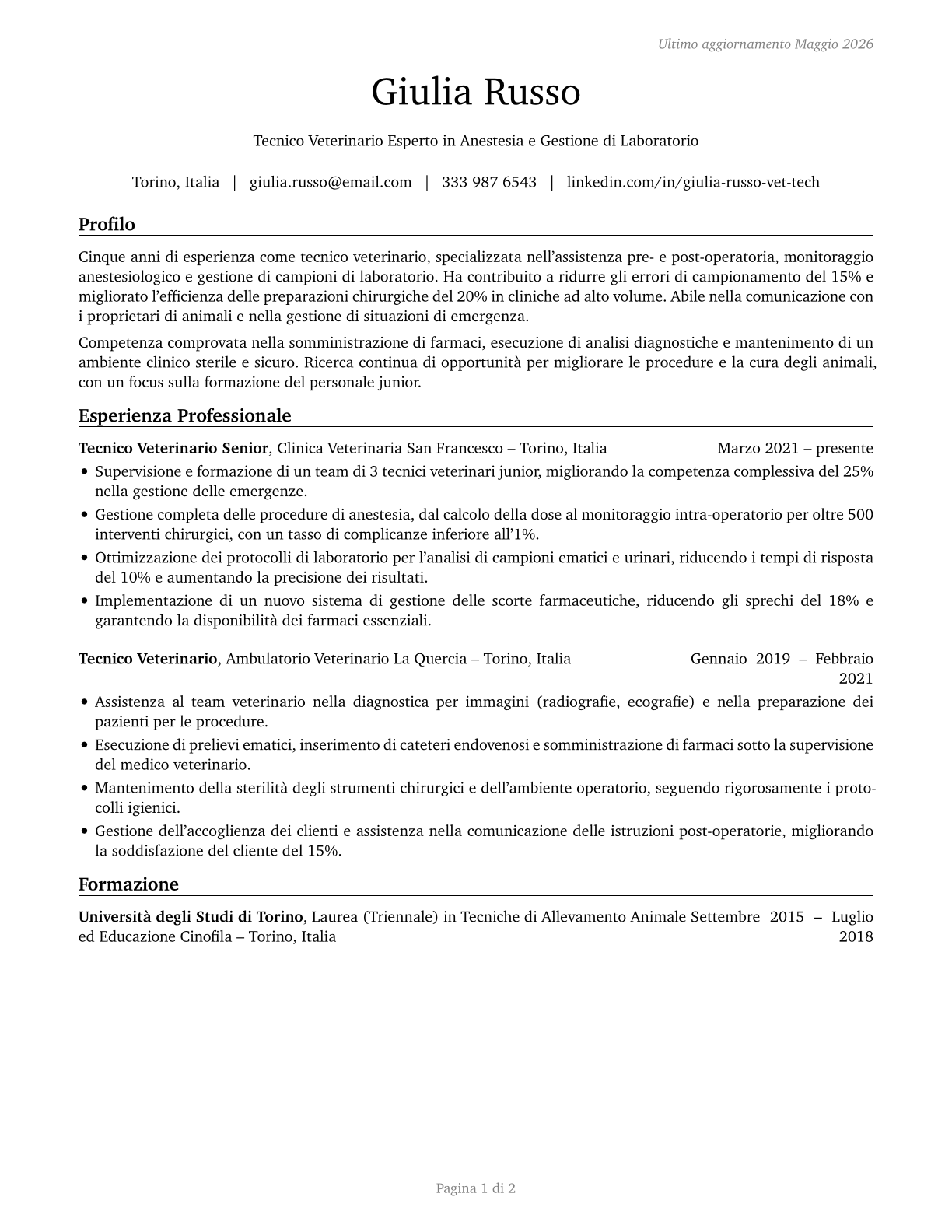 Veterinary Technologists and Technicians CV in Italian — page 1