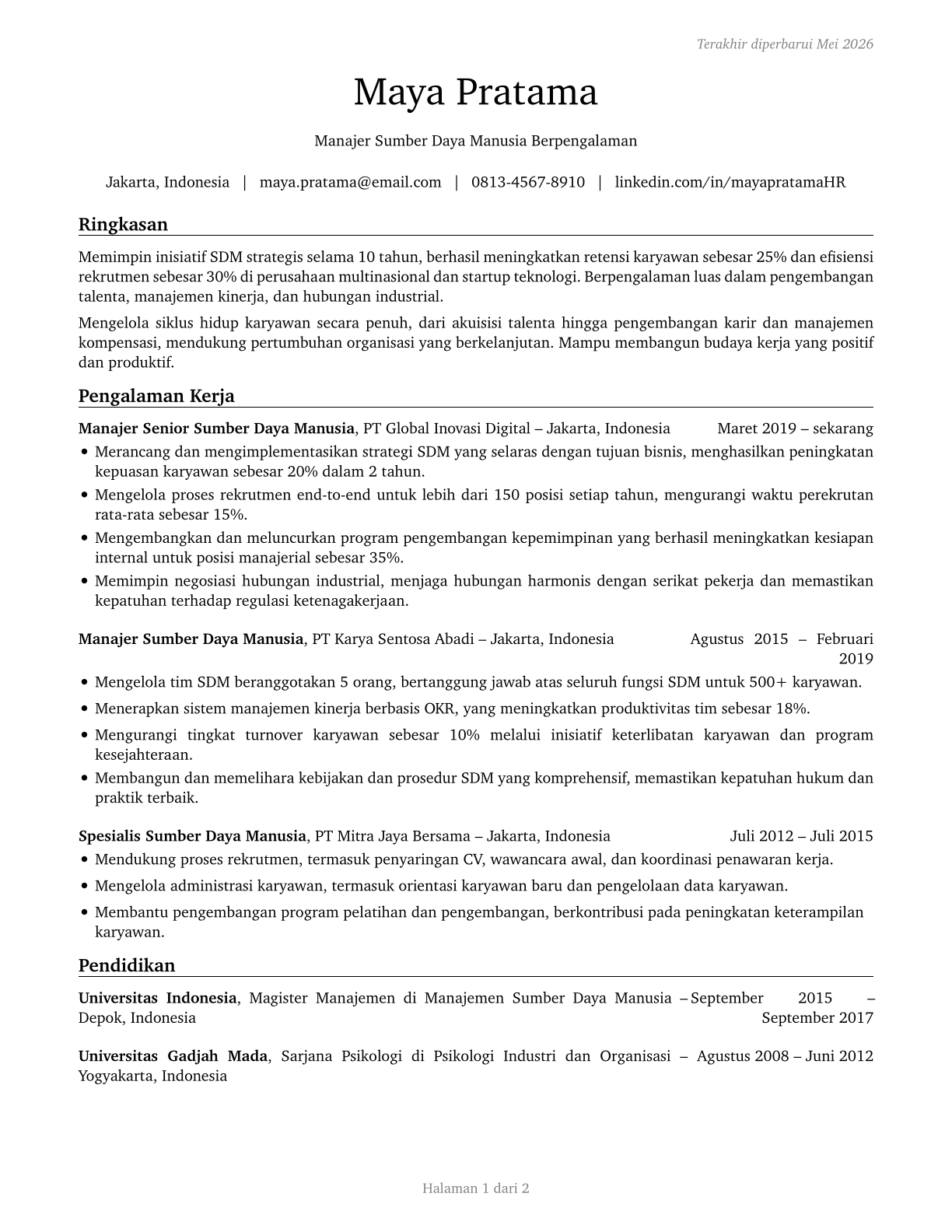 Human Resources Managers CV in Indonesian — page 1