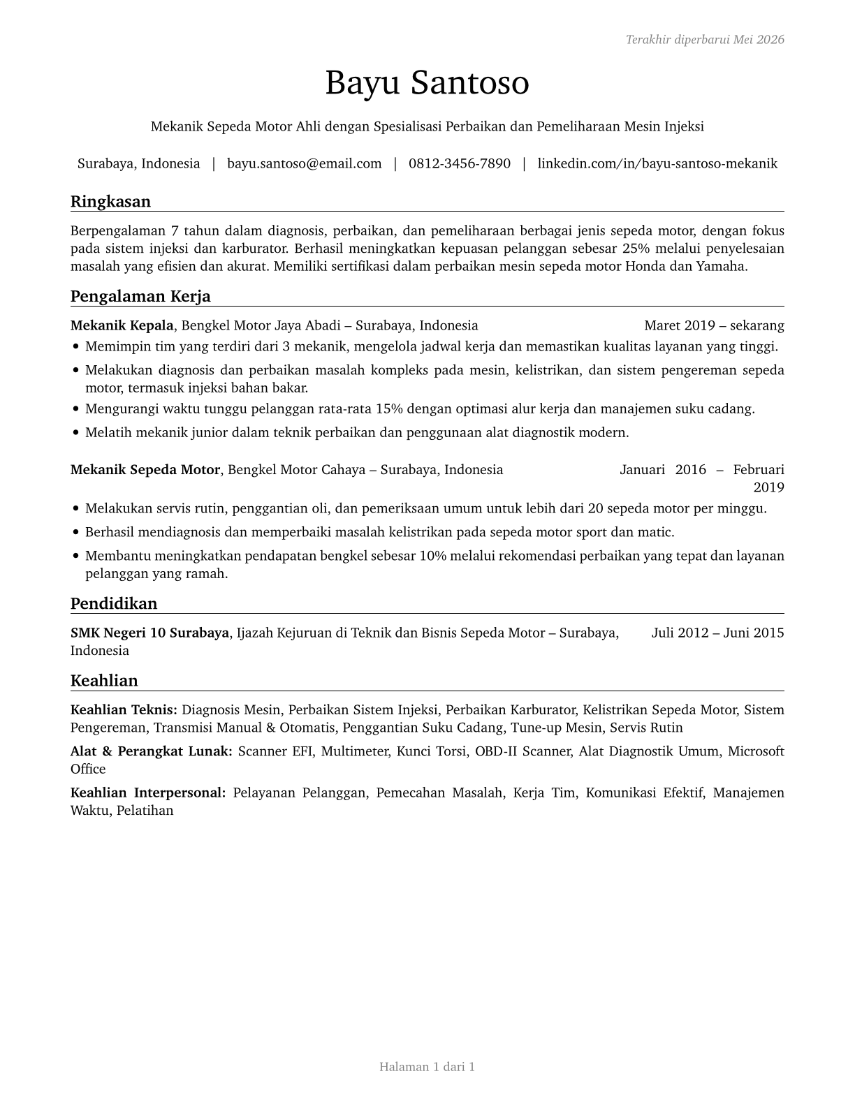Motorcycle Mechanics CV in Indonesian — page 1