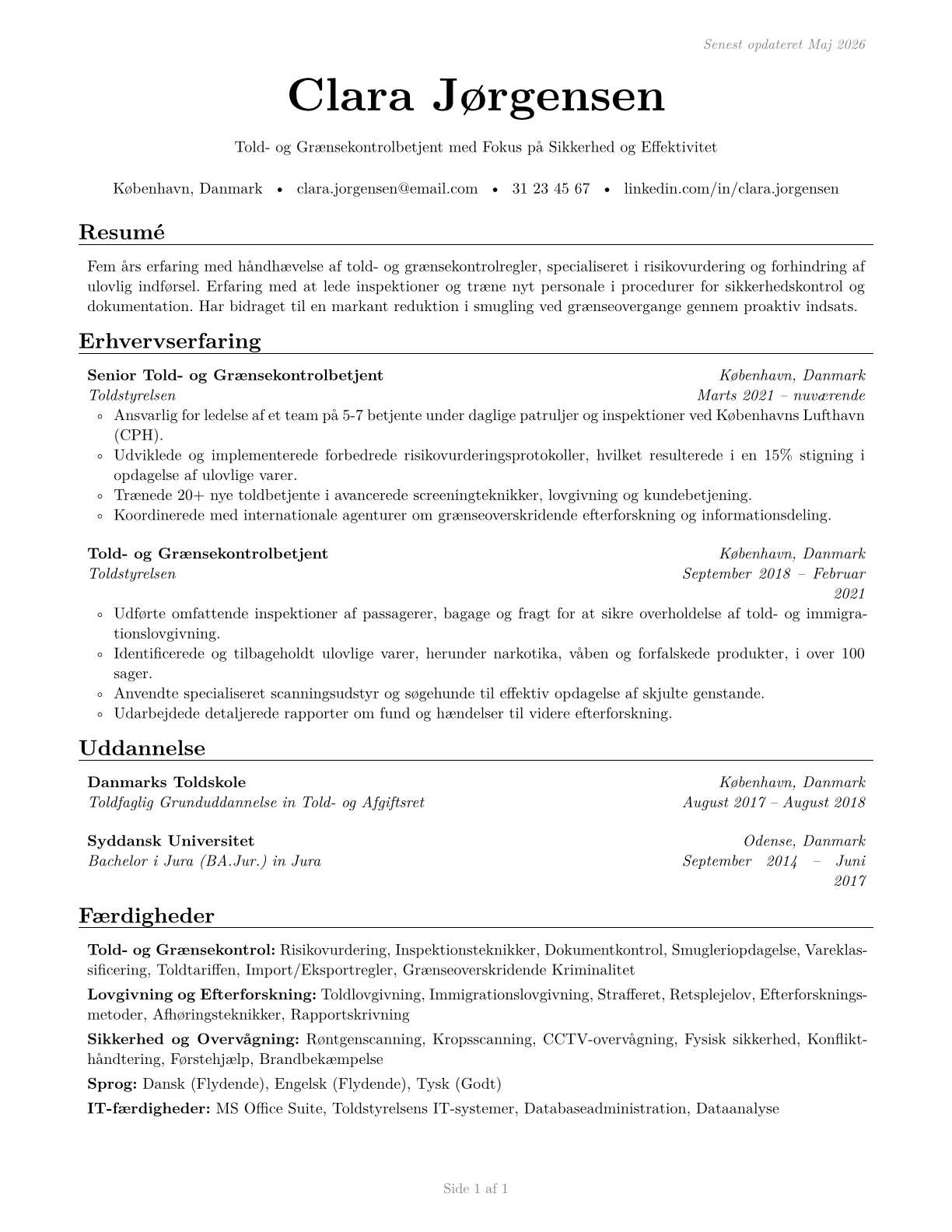 Customs and Border Protection Officers CV in Danish — page 1
