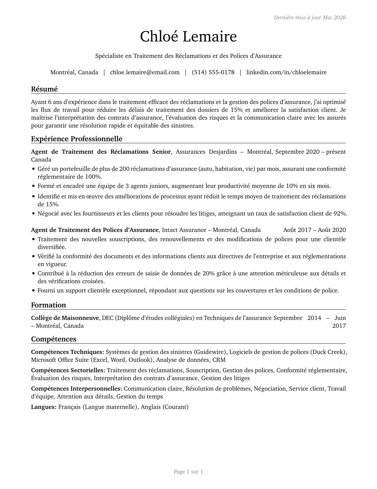 Insurance Claims and Policy Processing Clerks CV in French — page 1