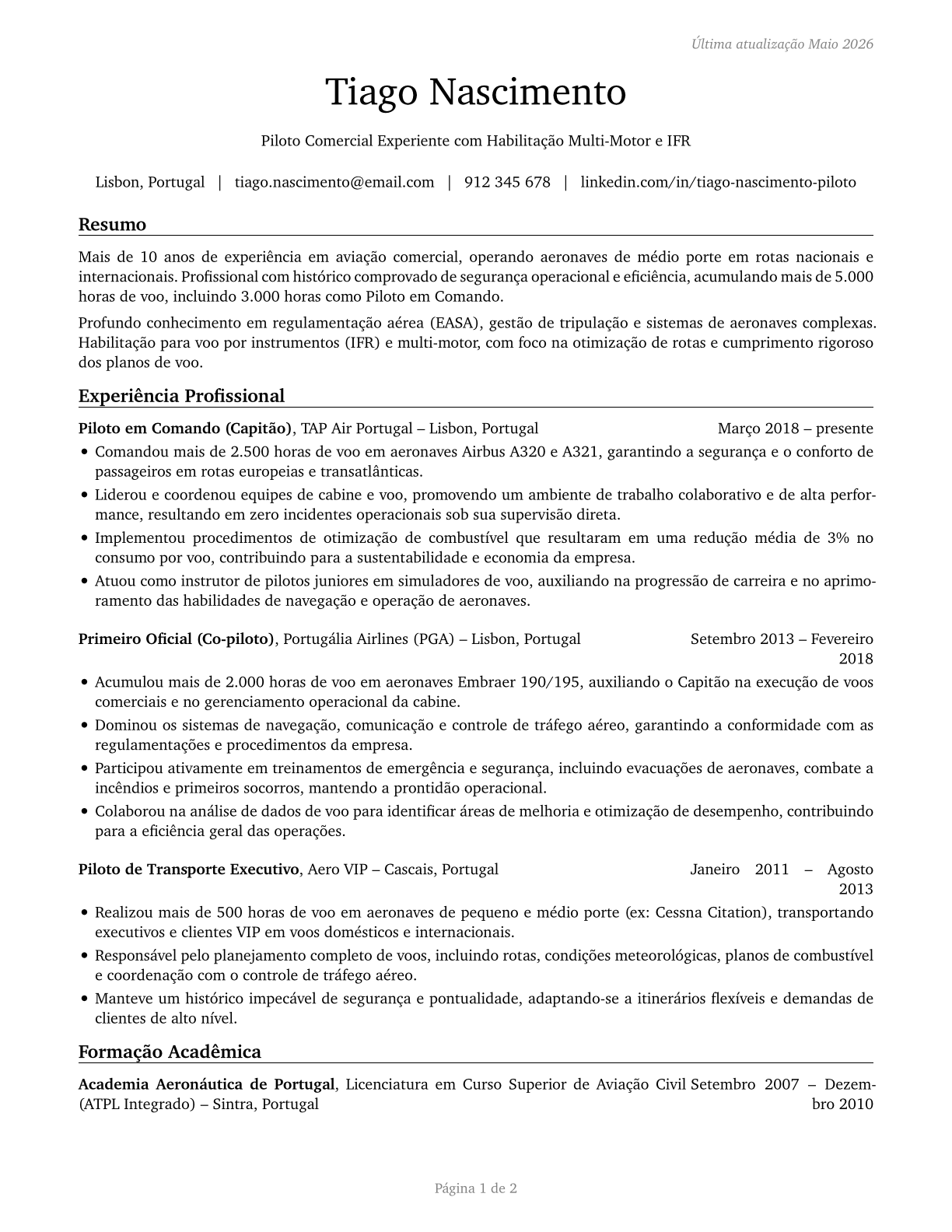 Commercial Pilots CV in Portuguese — page 1