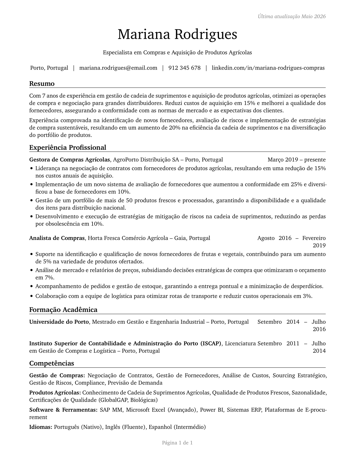 Buyers and Purchasing Agents, Farm Products CV in Portuguese — page 1