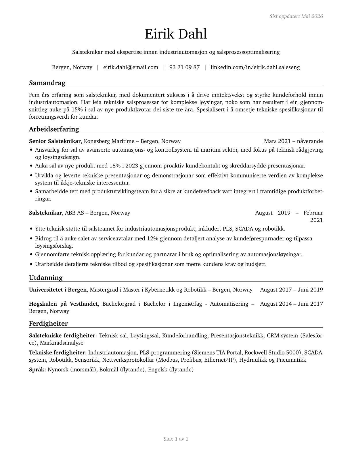 Sales Engineers CV in Norwegian_nynorsk — page 1