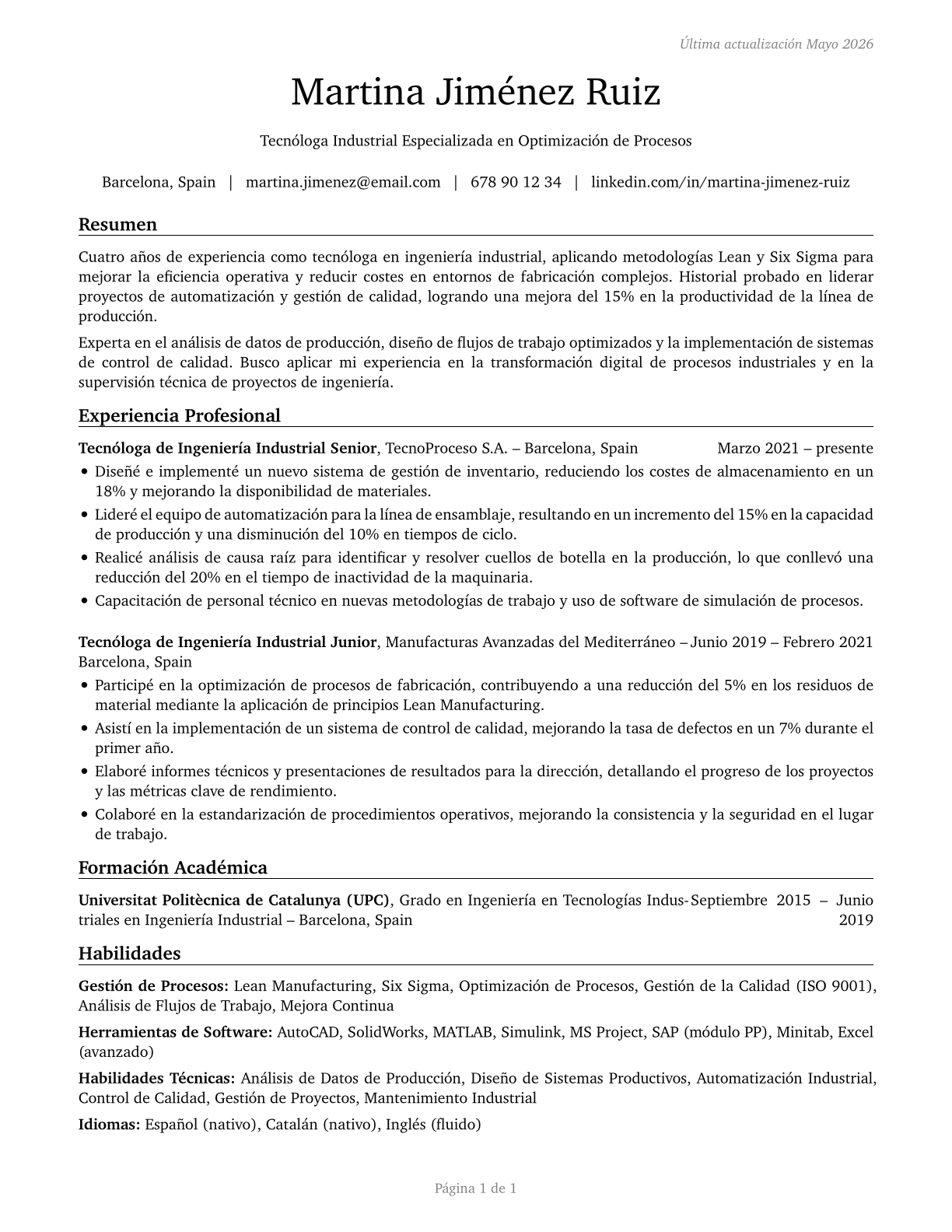 Industrial Engineering Technologists and Technicians CV in Spanish — page 1