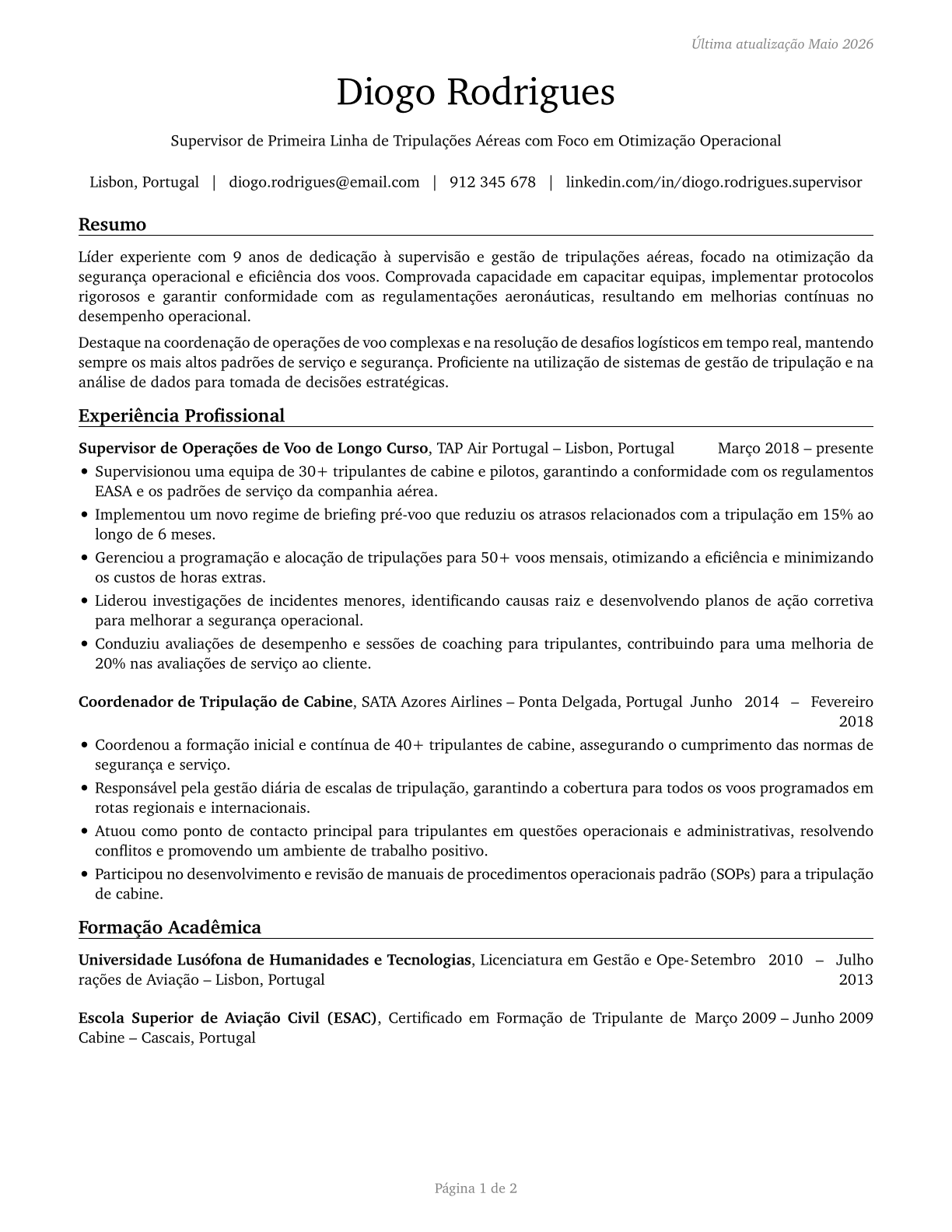 First-Line Supervisors of Air Crew Members CV in Portuguese — page 1