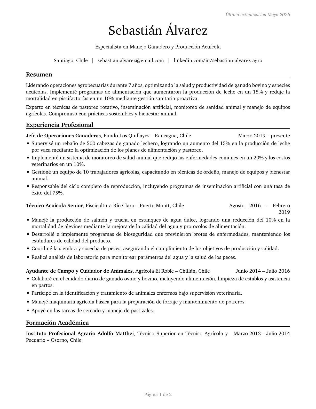 Farmworkers, Farm, Ranch, and Aquacultural Animals CV in Spanish — page 1