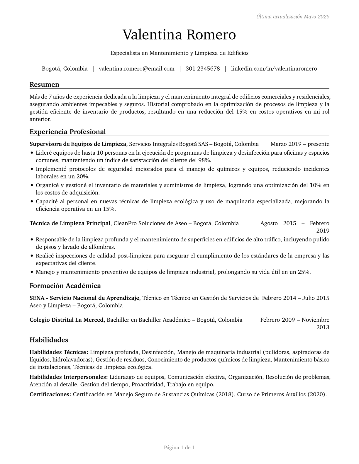 Building Cleaning Workers, All Other CV in Spanish — page 1