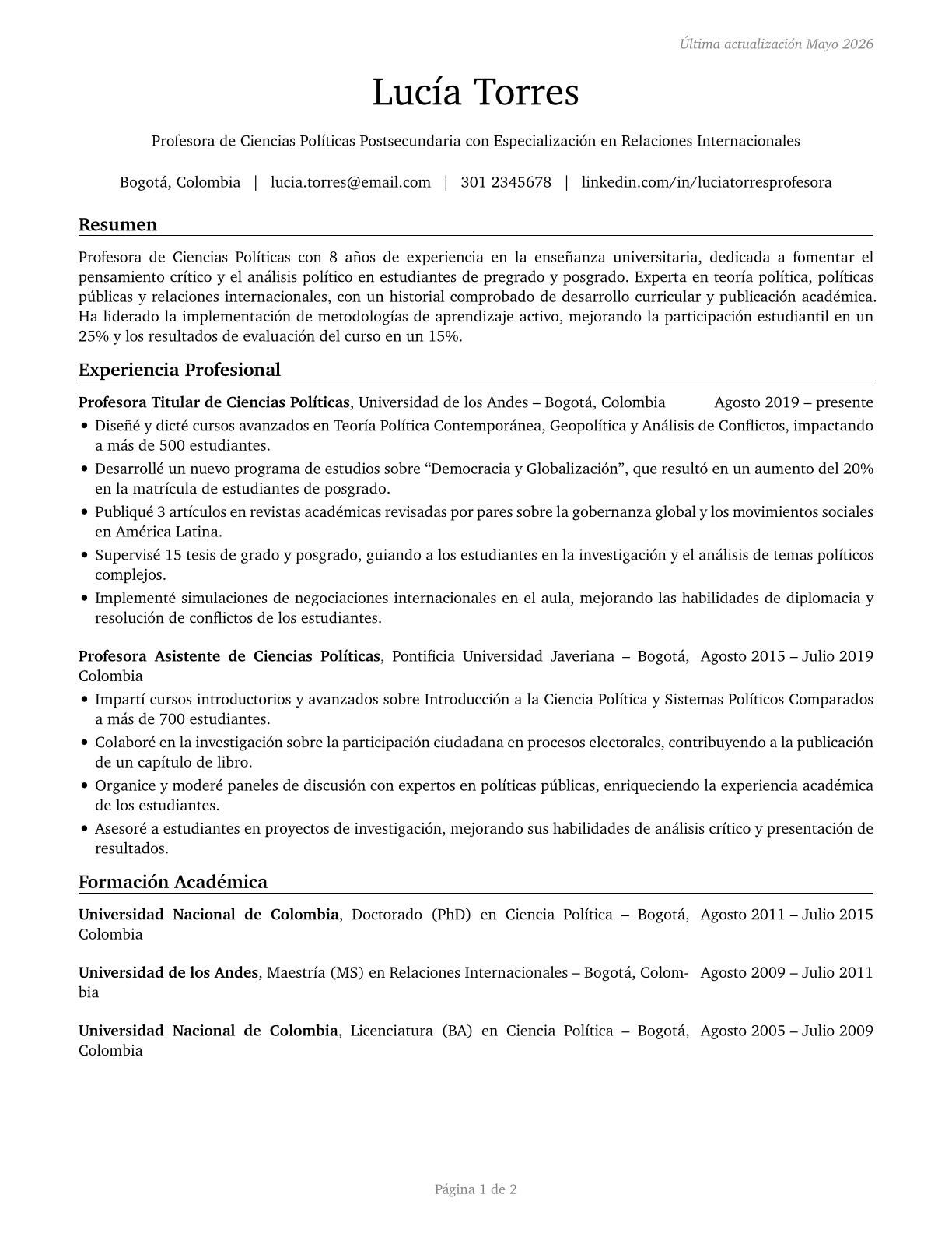 Political Science Teachers, Postsecondary CV in Spanish — page 1