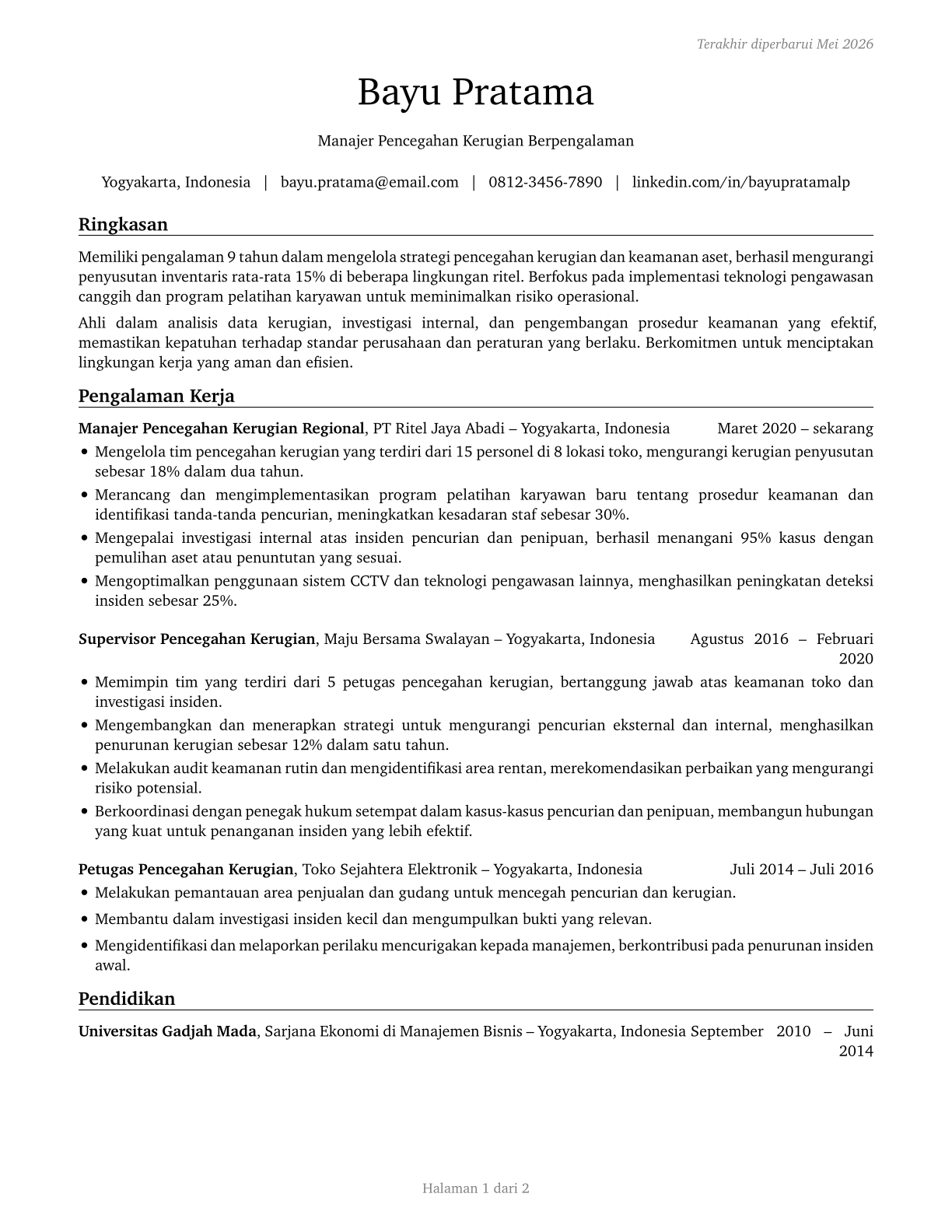 Loss Prevention Managers CV in Indonesian — page 1