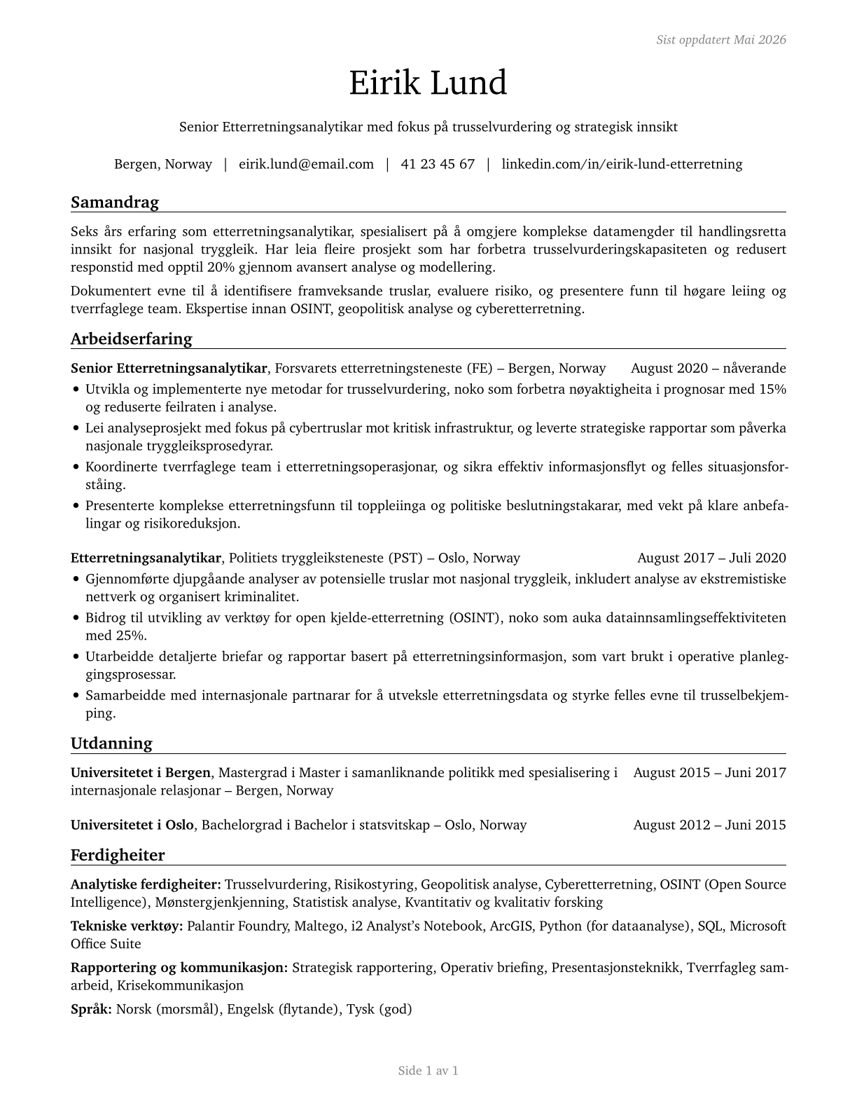 Intelligence Analysts CV in Norwegian_nynorsk — page 1