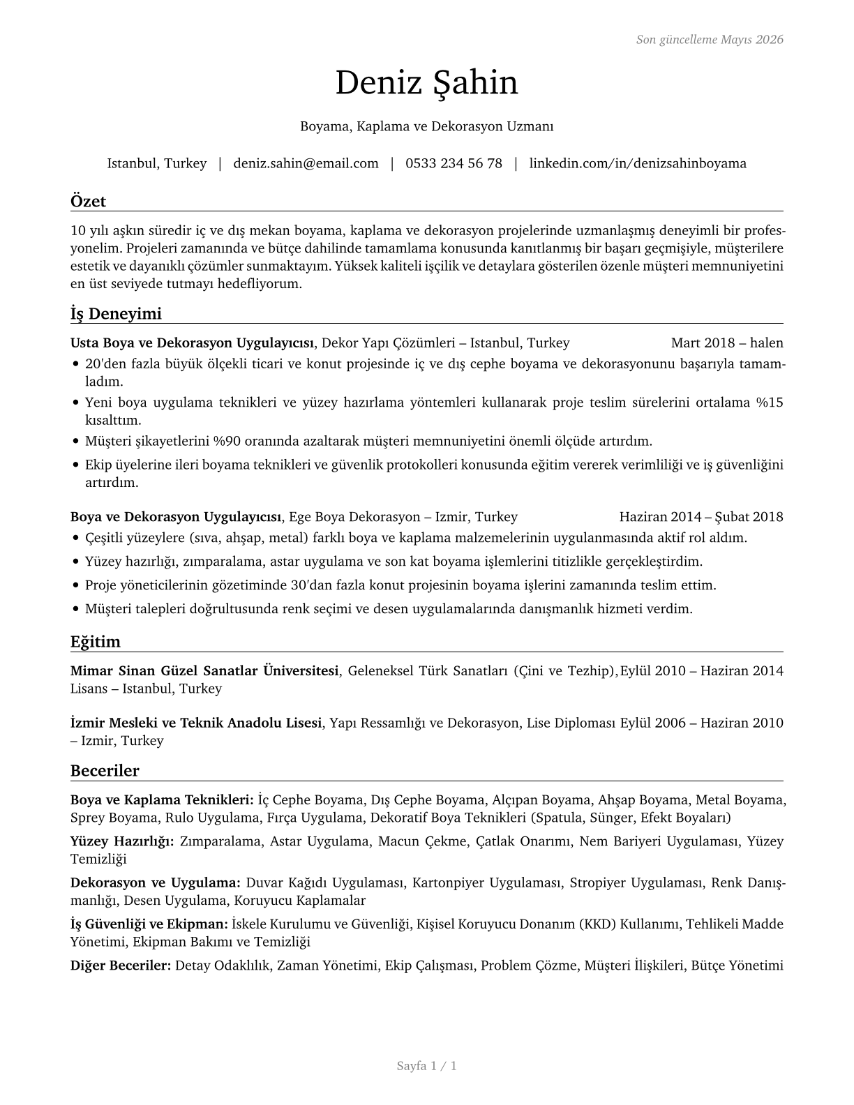 Painting, Coating, and Decorating Workers CV in Turkish — page 1