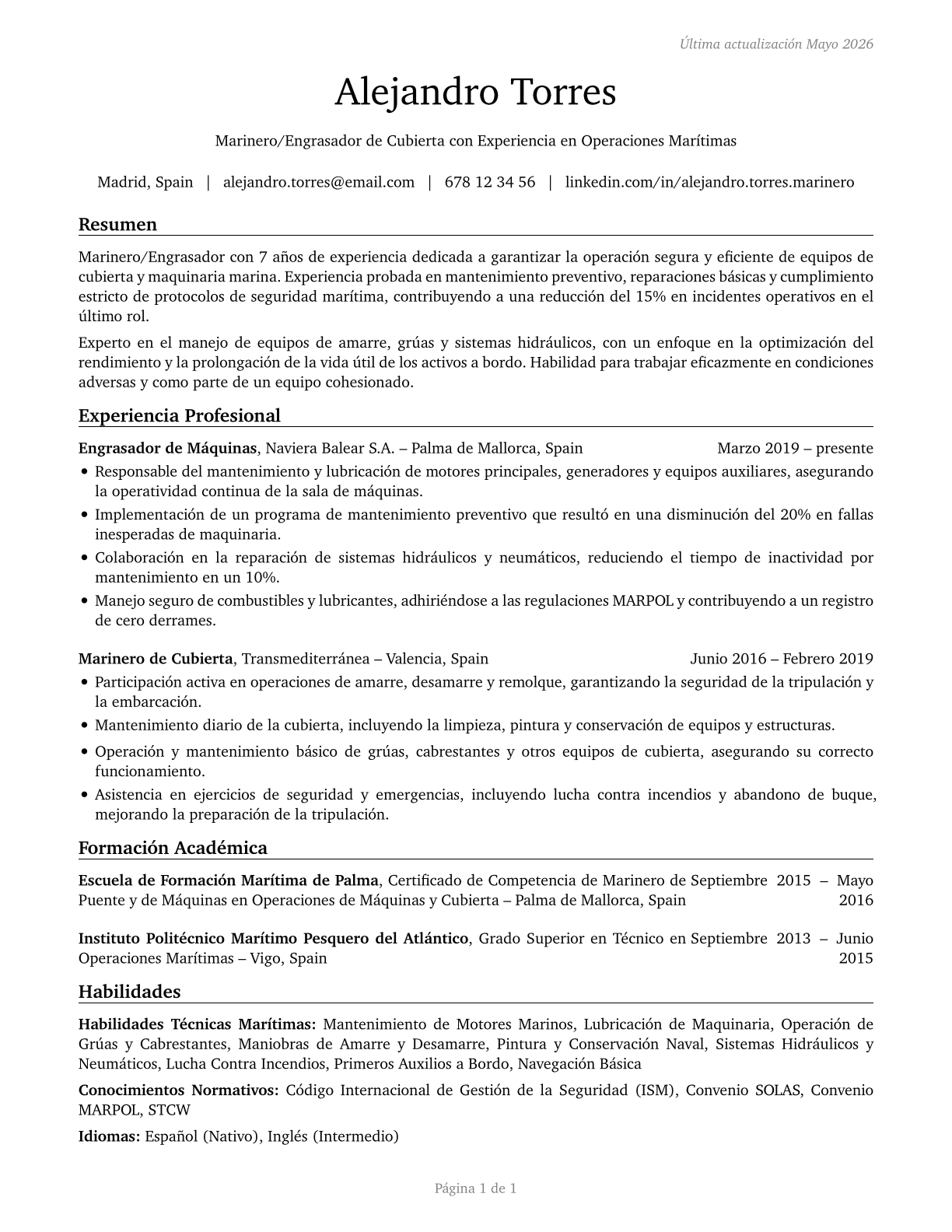 Sailors and Marine Oilers CV in Spanish — page 1