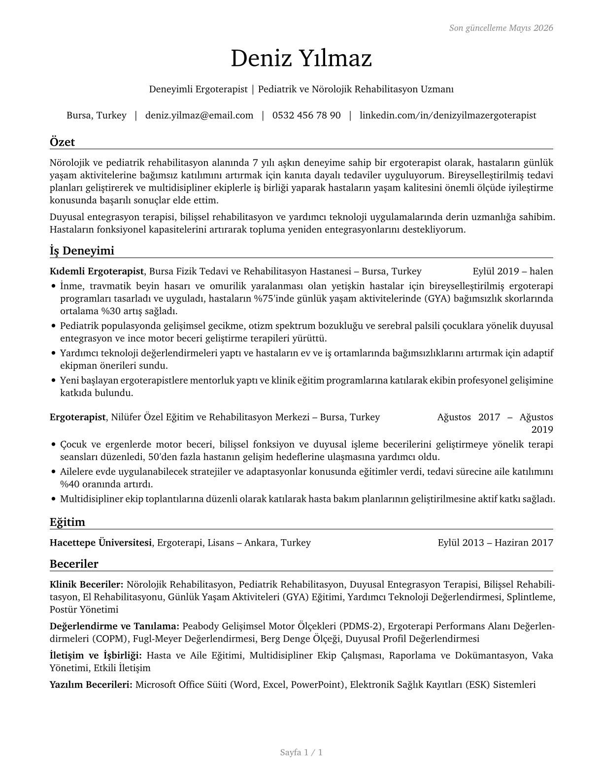 Occupational Therapists CV in Turkish — page 1