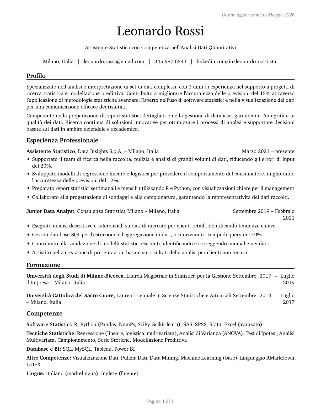Statistical Assistants CV in Italian — page 1