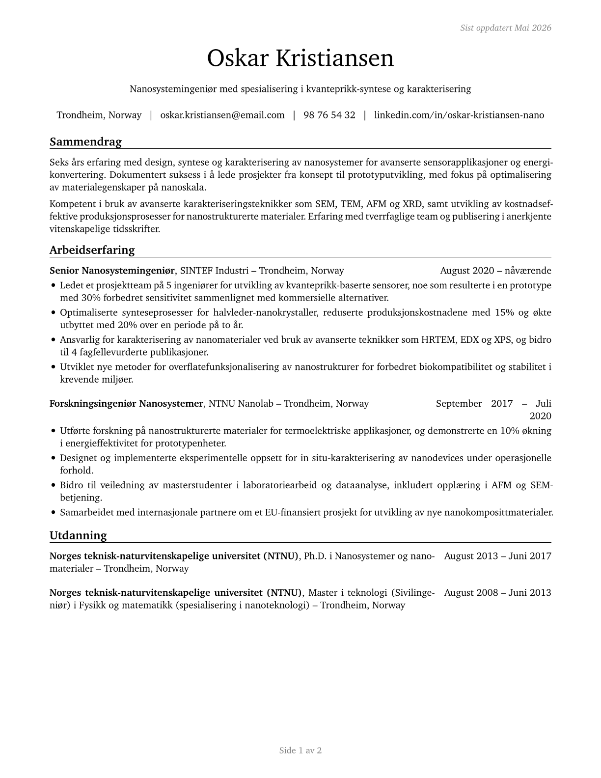 Nanosystems Engineers CV in Norwegian_bokmal — page 1