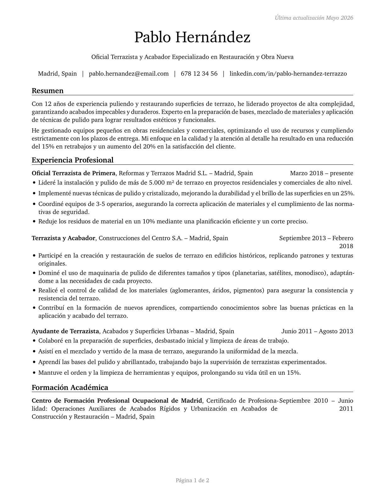 Terrazzo Workers and Finishers CV in Spanish — page 1