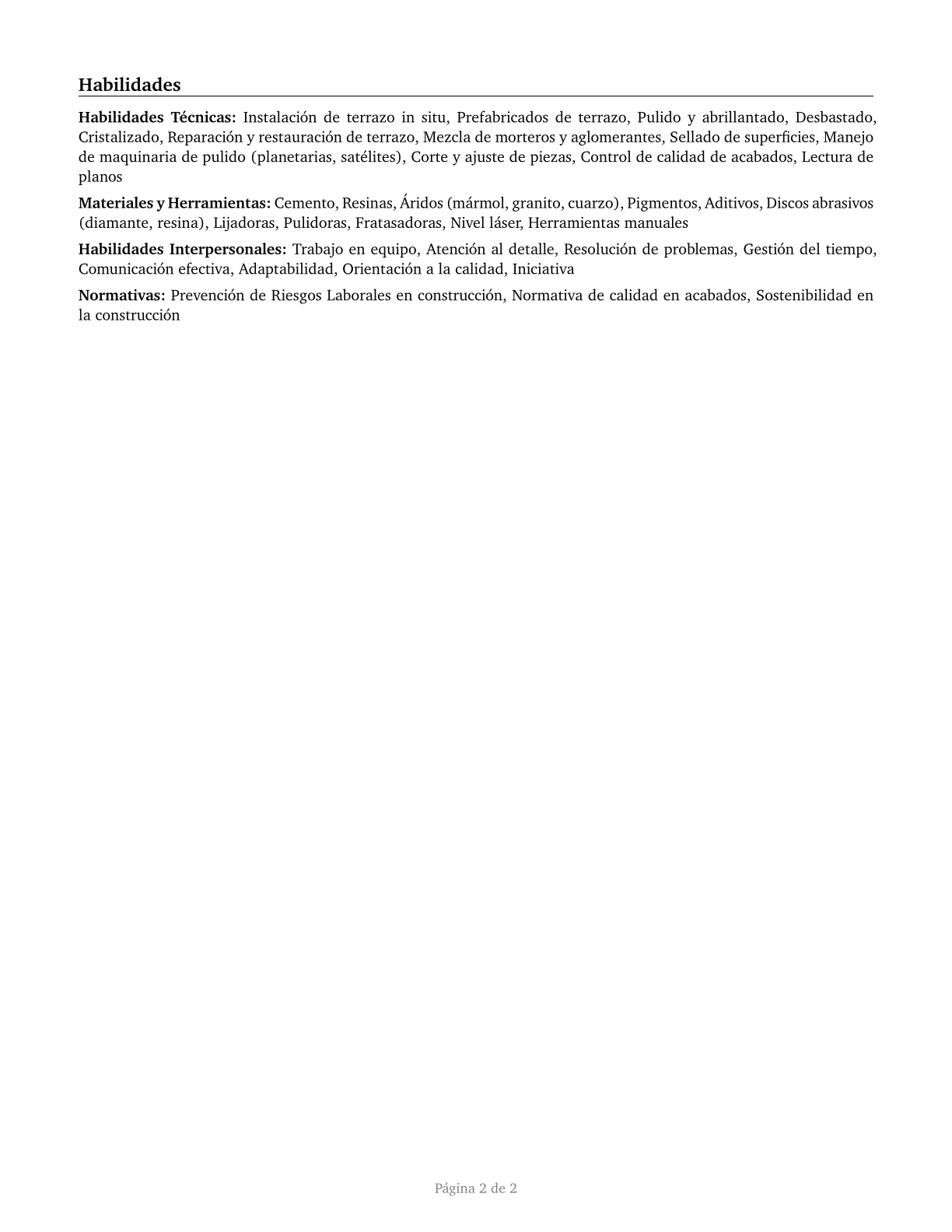 Terrazzo Workers and Finishers CV in Spanish — page 2