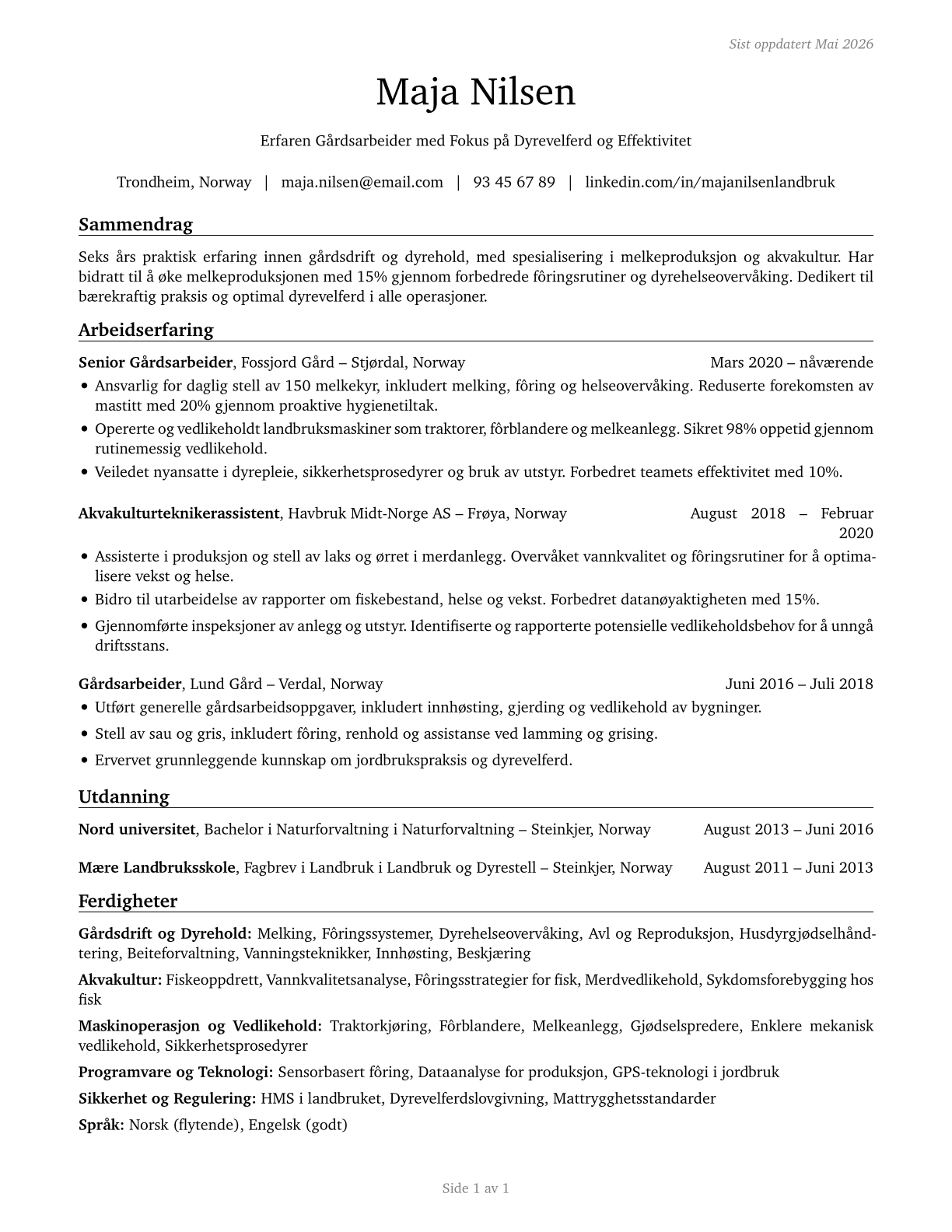 Farmworkers, Farm, Ranch, and Aquacultural Animals CV in Norwegian_bokmal — page 1