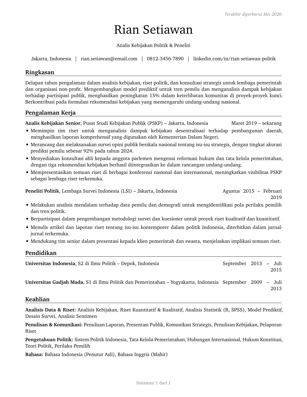 Political Scientists CV in Indonesian — page 1